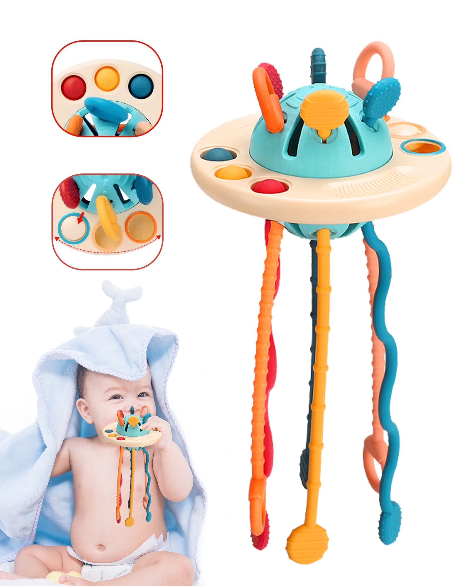 Montessori Toys for 1 Year Old Baby - Sensory Travel & Educational Pull String Toy for Toddlers 1-3 | UFO Grade Silicone Teething Bath Toy | Perfect Christmas, Birthday & Easter Gift for Boys & Girls | Great for Travel, Bath Time & Early Learning Play