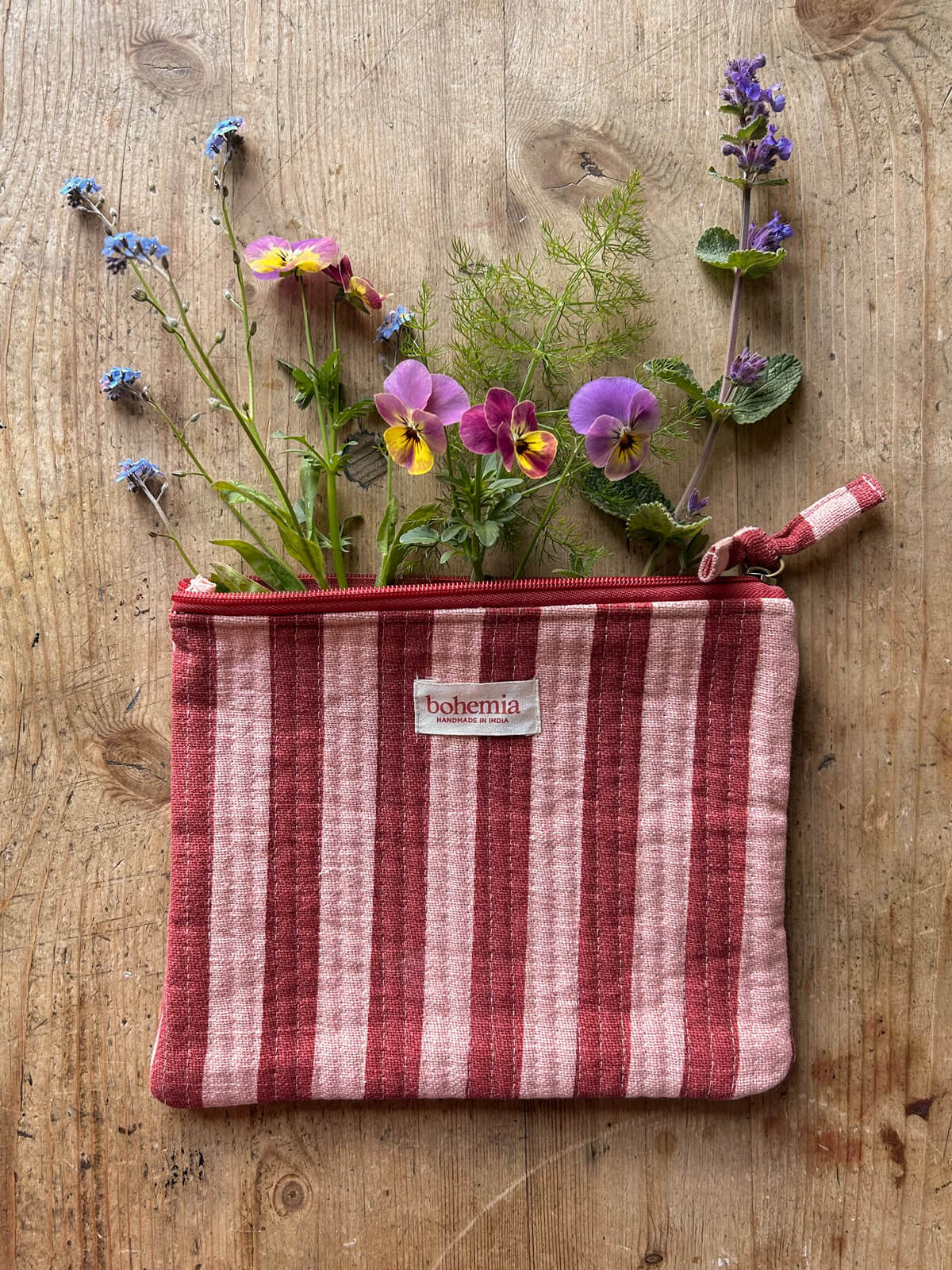 Jaipur Stripe Large Pouch - Pomegranate Color Handmade Cotton Storage Bag for Travel, Makeup, Jewelry & Accessories Organization