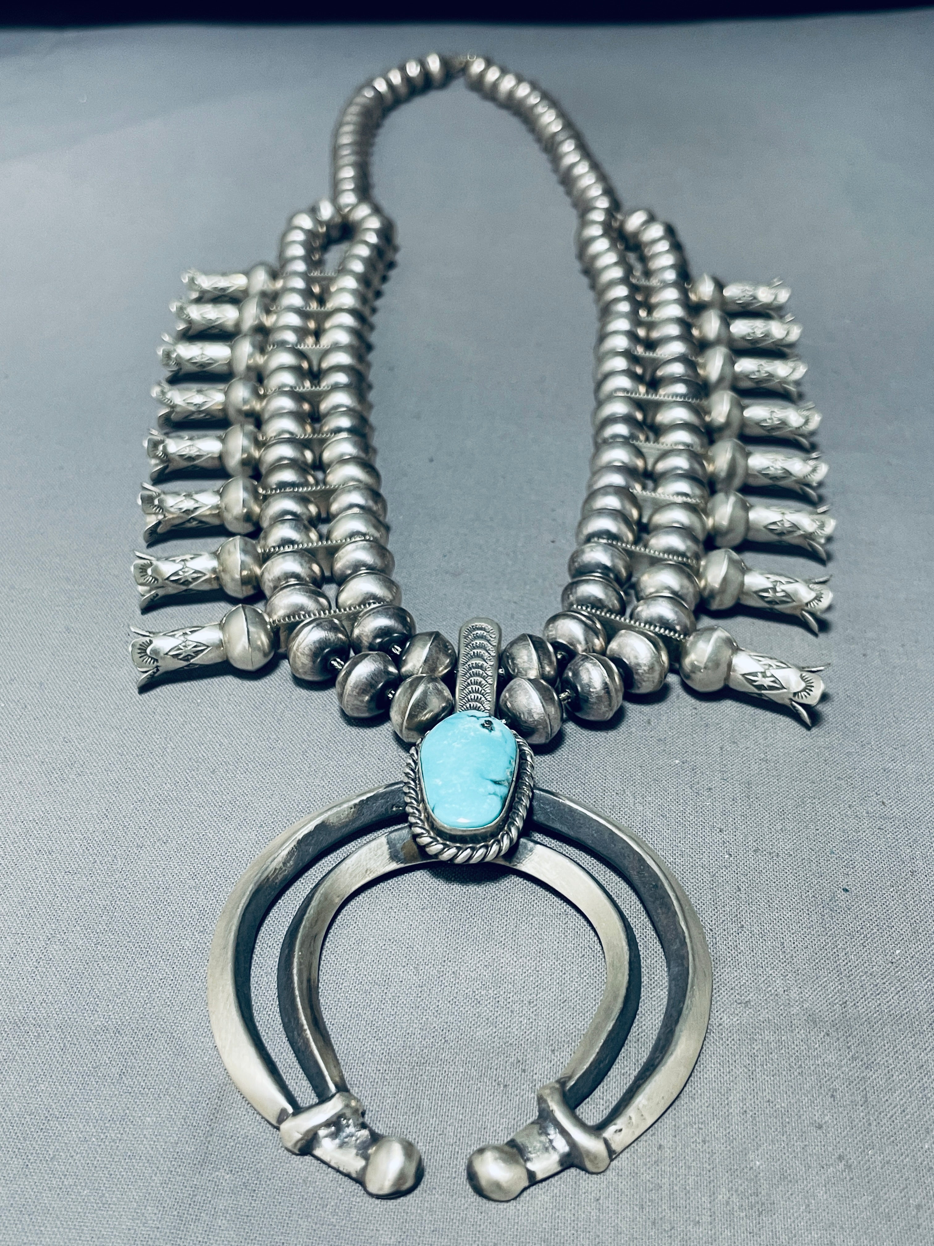 Authentic Sterling Silver Navajo Turquoise Squash Blossom Necklace - 230g Handcrafted Native American Jewelry for Women - Perfect for Boho Fashion, Weddings & Special Occasions