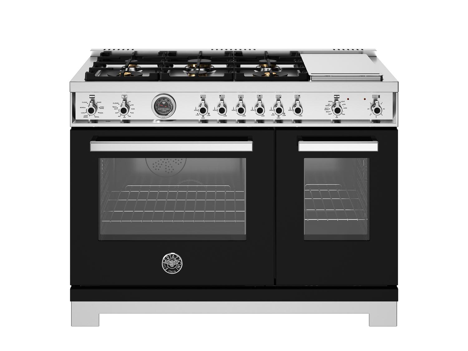 Bertazzoni PRO486BTFEPNET 48-Inch Dual Fuel Range with 6 Brass Burners & Griddle | Electric Self-Cleaning Oven in Nero Black | Perfect for Professional Kitchens & Home Chefs