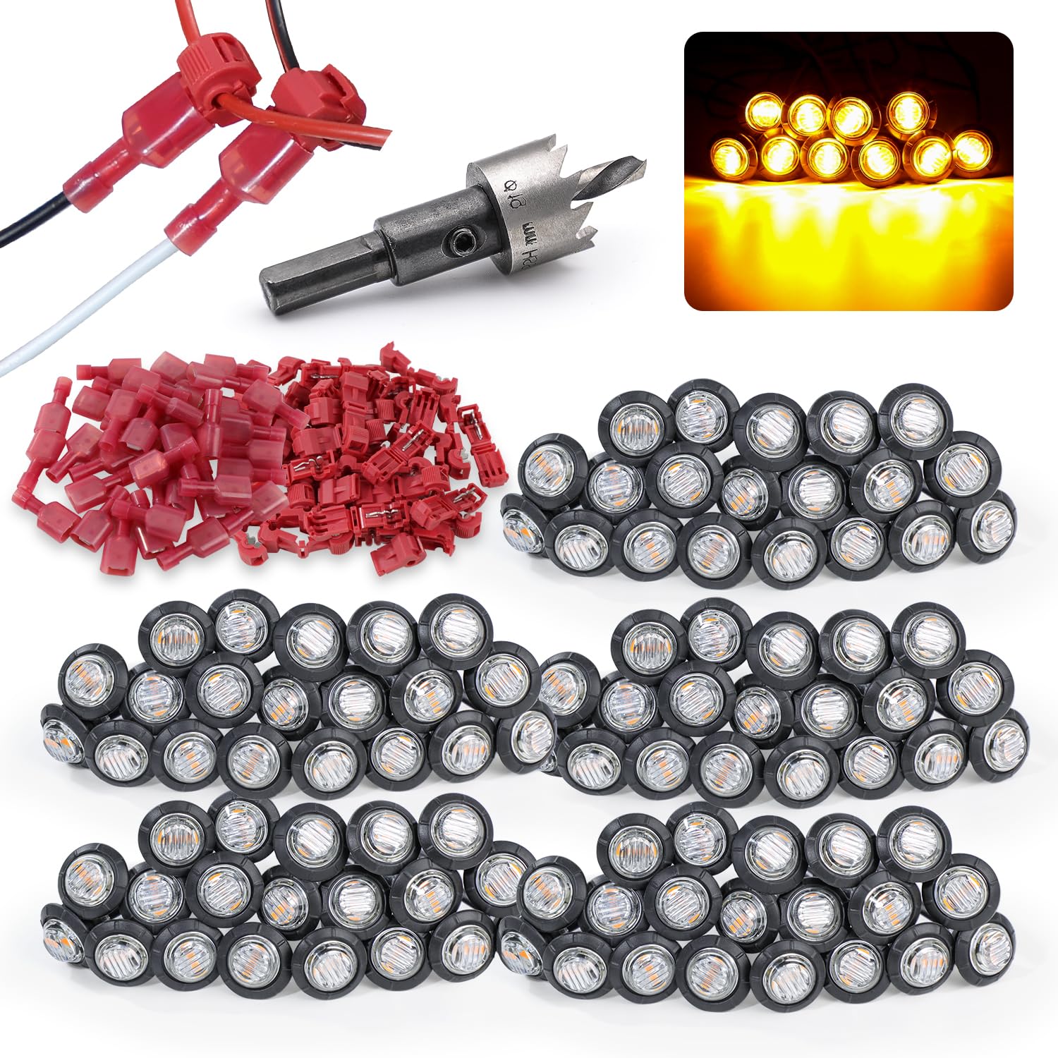 MADCATZ 3/4 Inch Clear Lens Amber LED Side Marker Lights - 150 Pairs with T-Tap Wire Connectors & Insulated Male Disconnect Terminals - 19mm Hole Saw Steel - 12V DC for Truck Trailer - Perfect for Semi Trailers, RVs & Commercial Vehicles
