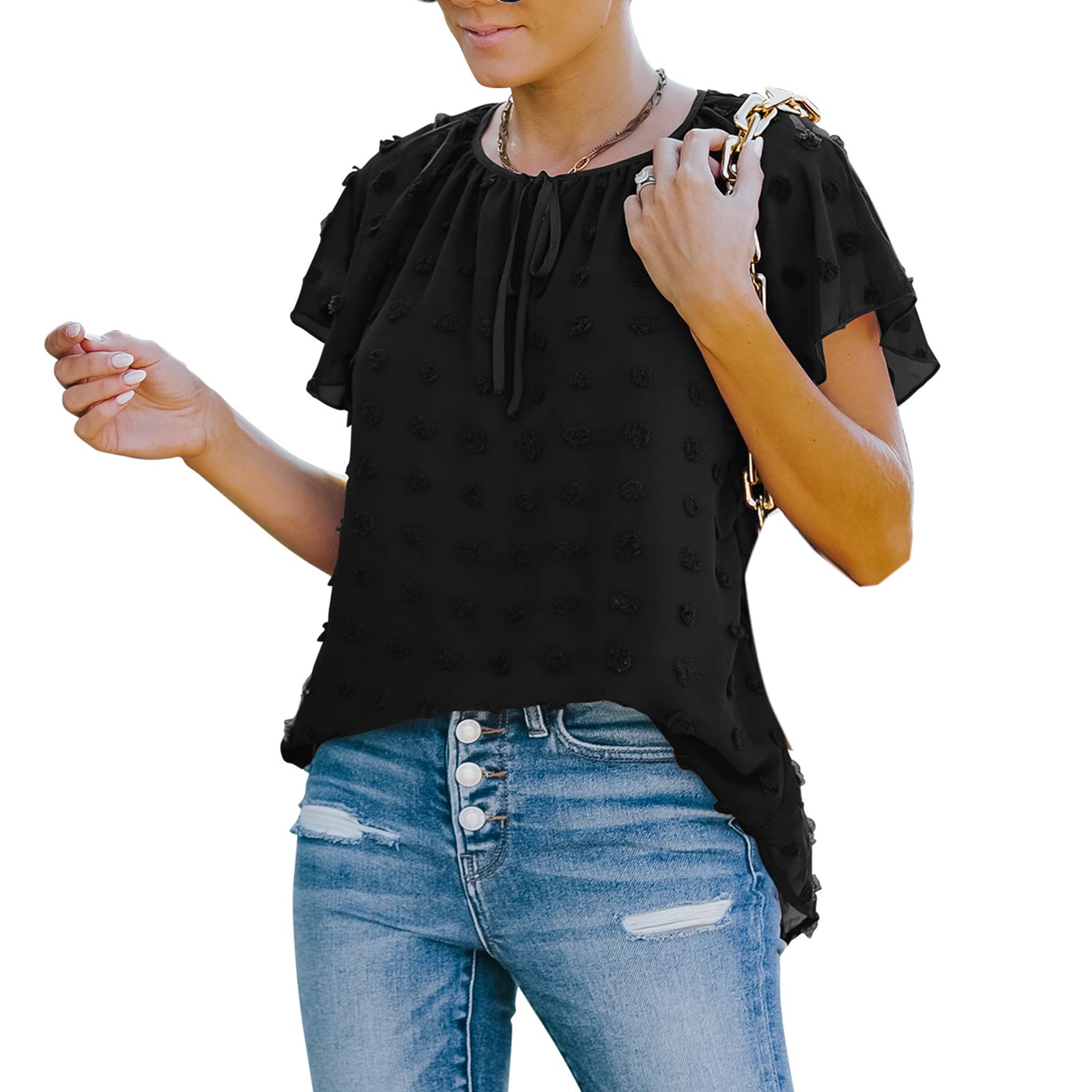 iTranyee Women's Summer Casual Chiffon Blouse - Swiss Dot Round Neck Short Sleeve Top with Pom Pom Details | Perfect for Beach Outings, Office Wear & Date Nights