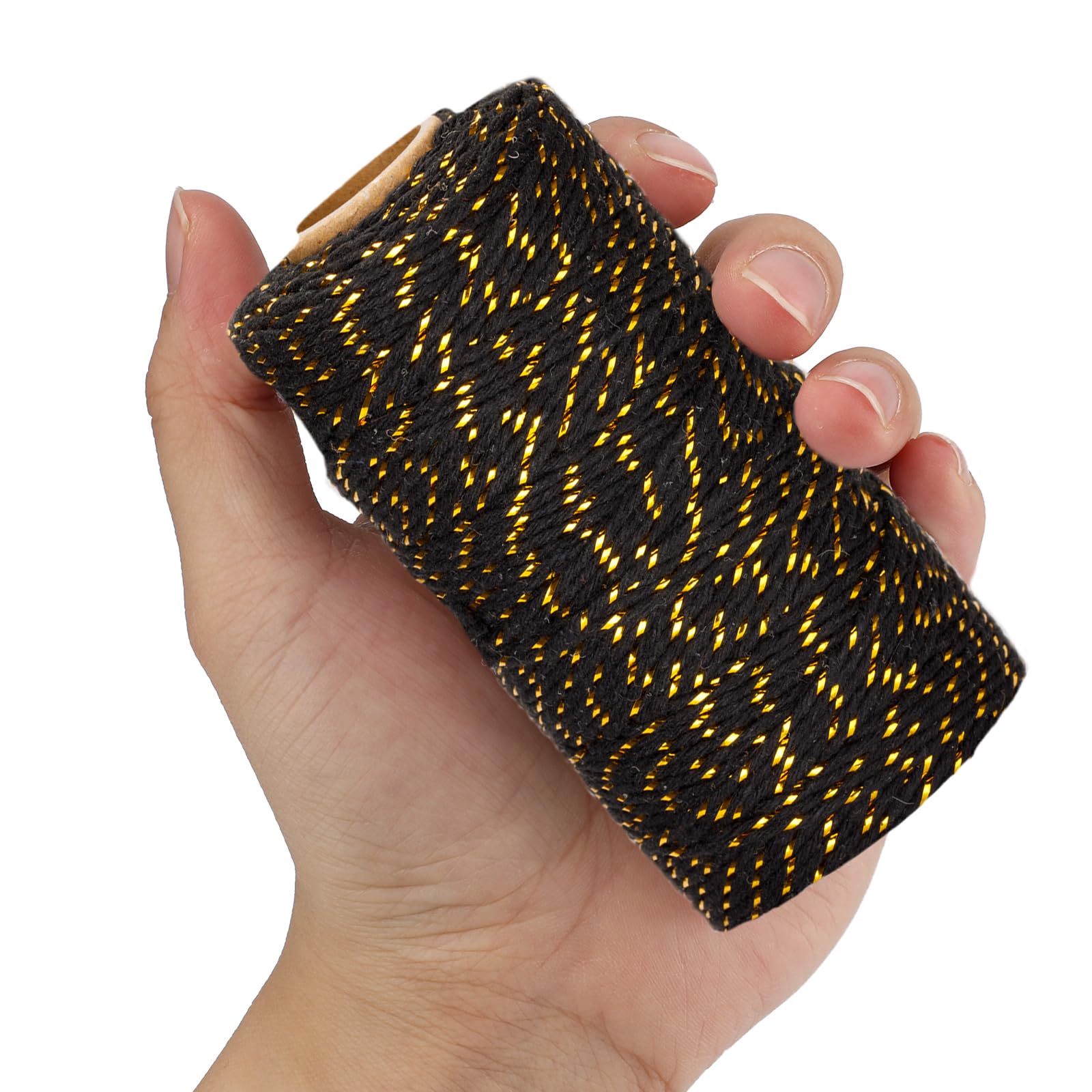 Jijacraft 328 Feet Black & Gold Twine String - 2mm Cotton Baker Twine with Gold Wire for DIY Crafts, Gift Wrapping, Christmas Decorations | Heavy Duty Packaging String for Holiday Gifts, Scrapbooking, and Home Decoration Projects