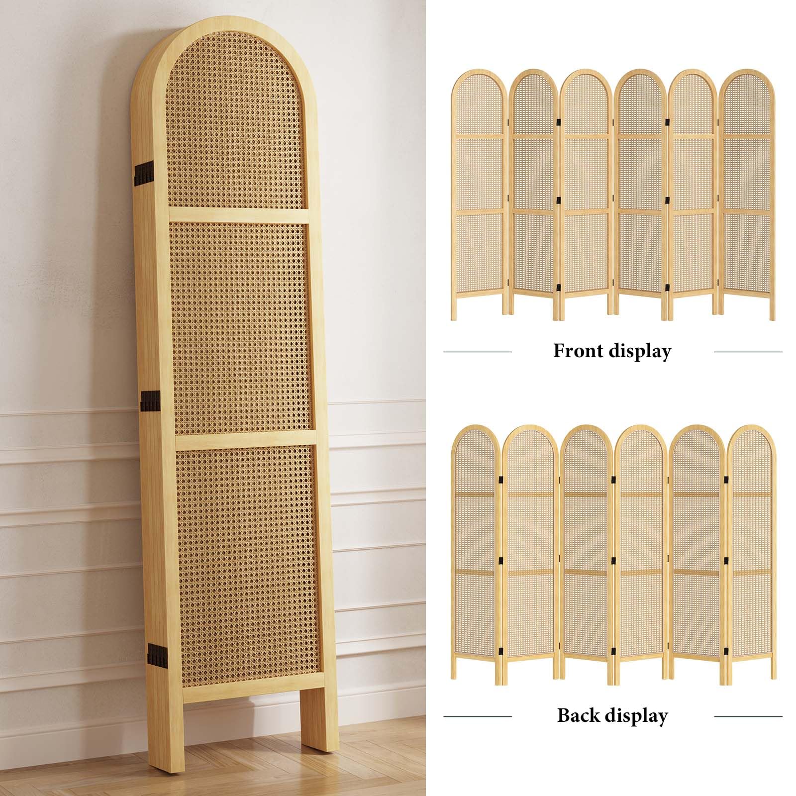 5.6 Ft Double Hinged Rattan Room Divider - Freestanding Folding Privacy Screen with 6 Panels for Bedroom, Office & Living Room (Natural) | Home & Office Partition Wall Decor