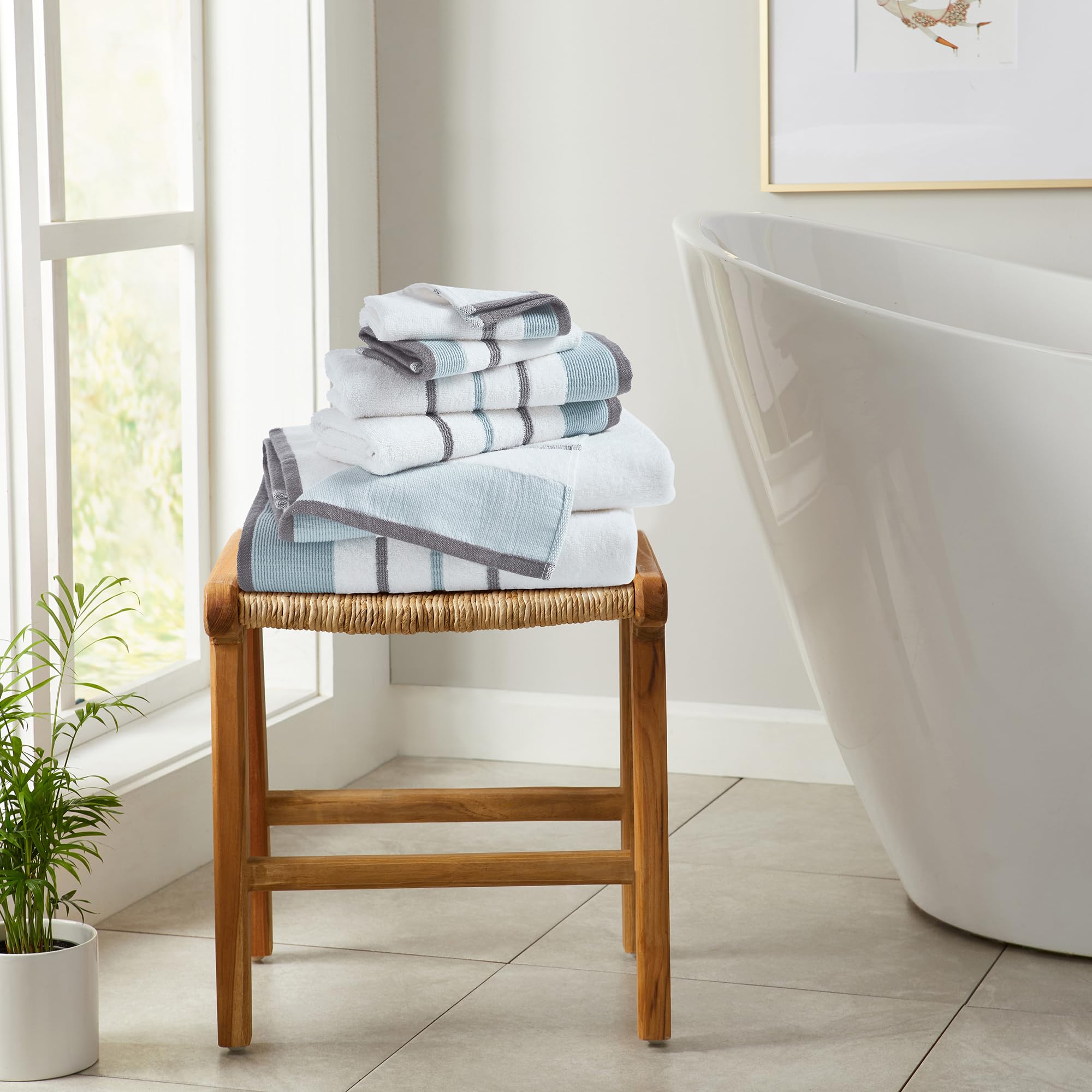 Premium 6-Piece Combed Cotton Bath Towel Set - Ultra Soft & Absorbent - 2 Bath Towels, 2 Hand Towels, 2 Washcloths - Luxury Spa & Bathroom Decor (Eucalyptus/Grey) - Perfect for Guest Bathrooms, Master Suites & Hotel-Style Experience