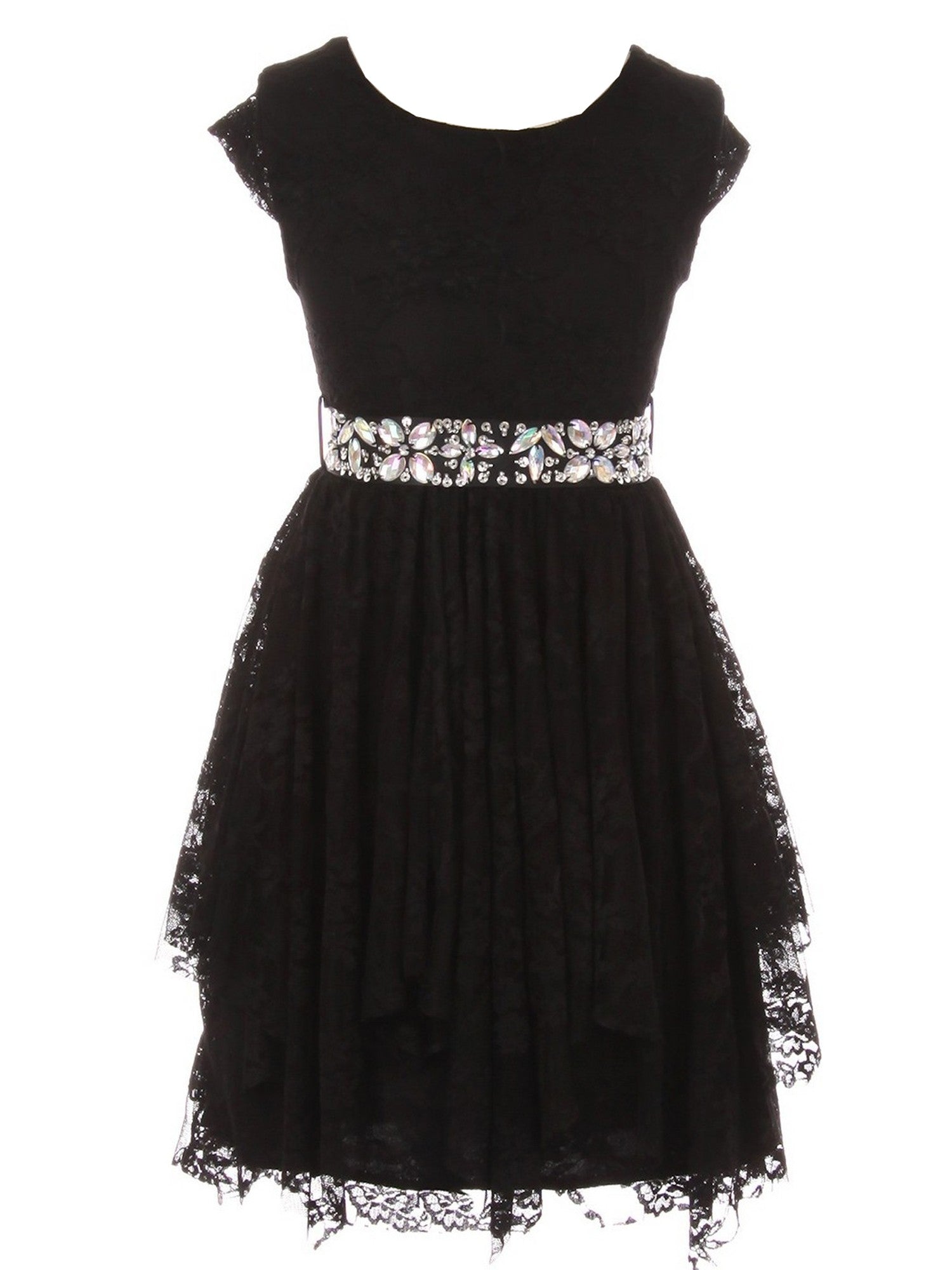 Black Lace Cap Sleeve Ruffle Bridesmaid Dress for Juniors - Sizes 8-14 | Perfect for Weddings, Prom, Quinceañera & Special Occasions