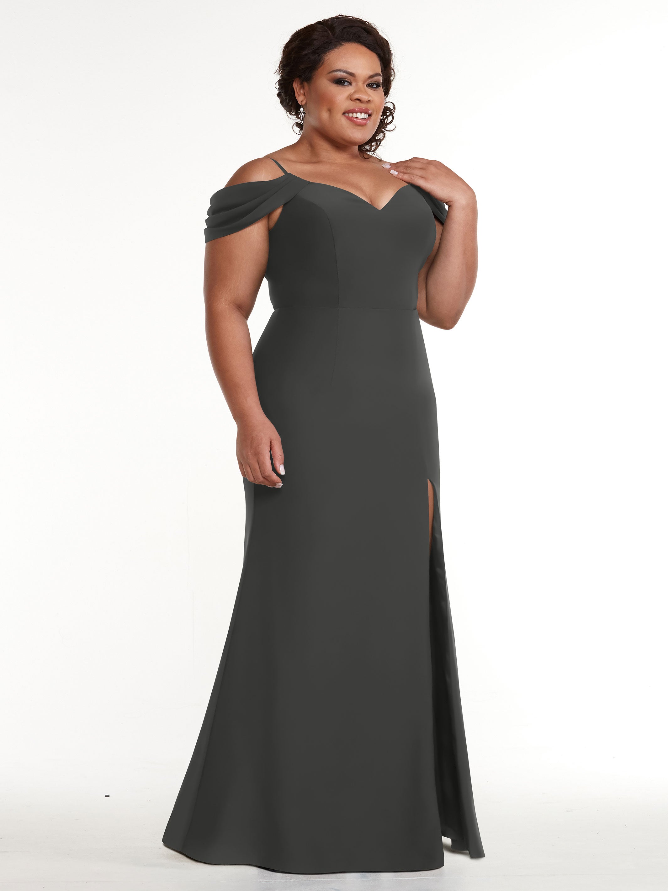 Elegant 83029 Stretch Chiffon Off-Shoulder Bridesmaid Dress with Thigh High Slit - Perfect for Weddings, Parties & Formal Events