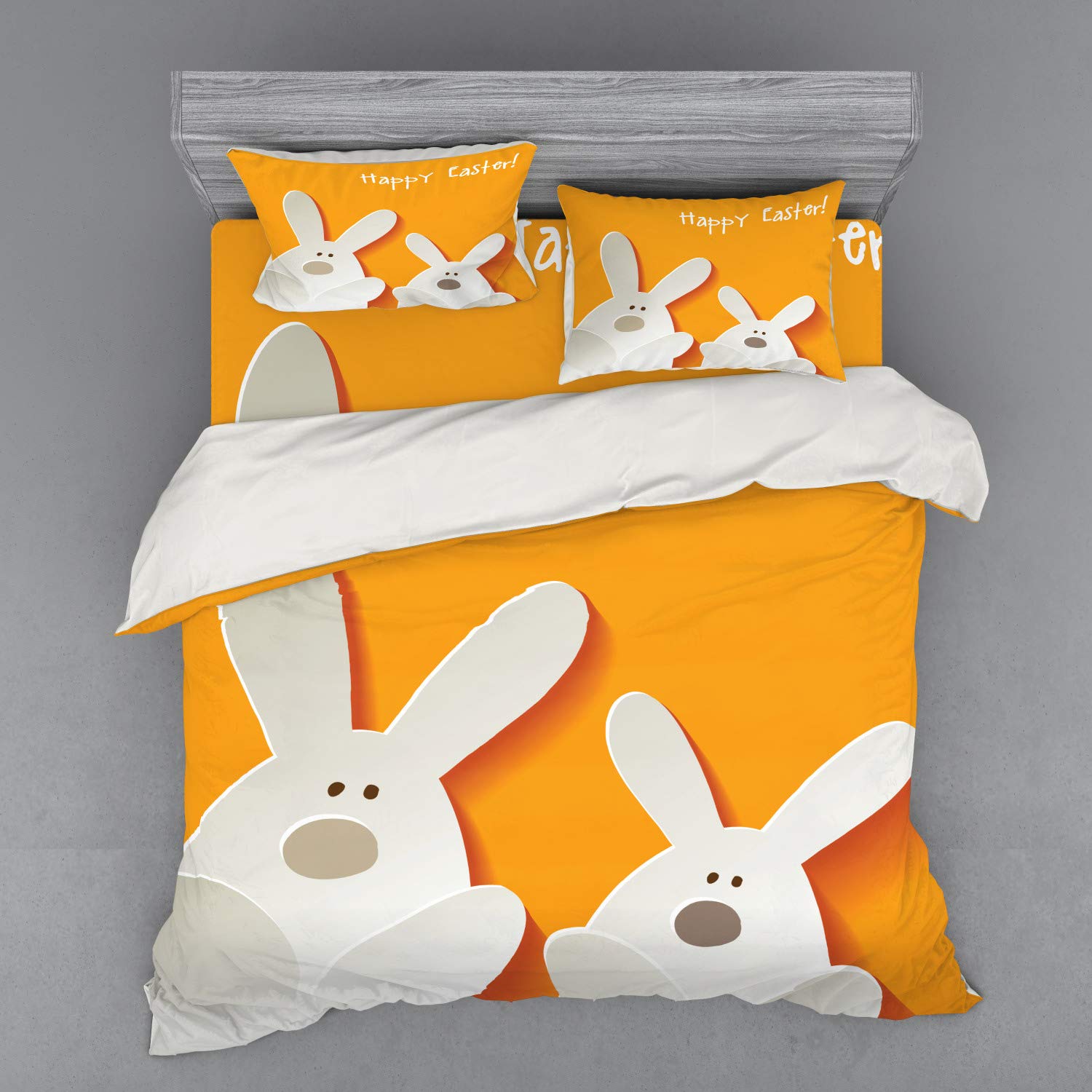 Ambesonne Easter Duvet Cover Set - Happy Easter Bunnies Abstract Animal Design, 4-Piece Bedding Set with Shams & Fitted Sheet, King Size, Orange Coconut Brown - Perfect for Spring Decor, Holiday Bedroom Makeover & Cozy Seasonal Home Styling