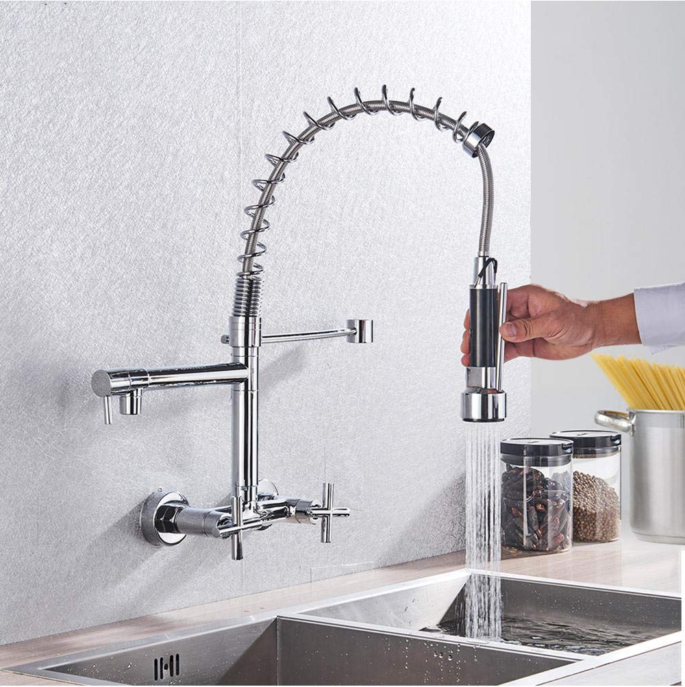 Wall Mount Spring Basin Kitchen Faucet - Pull Down Sprayer with Hot & Cold Water Mixer - Dual Handle Swivel Spout Sink Tap for Modern Kitchens & Bathroom Vanities