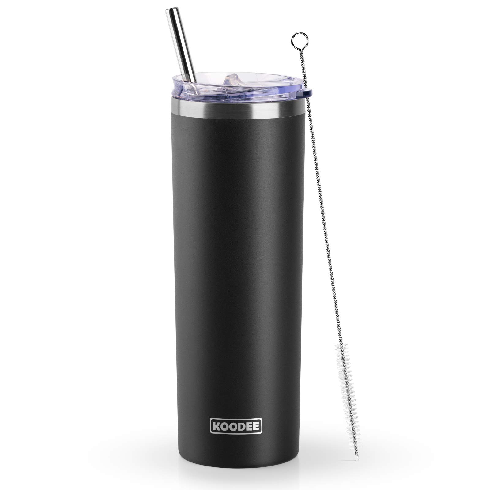 **Koodee 20 oz Slim Stainless Steel Tumbler - Double Wall Insulated Skinny Water Cup with Lid, Straw & Cleaning Brush (Black) - Perfect for Travel, Gym & Office Hydration**