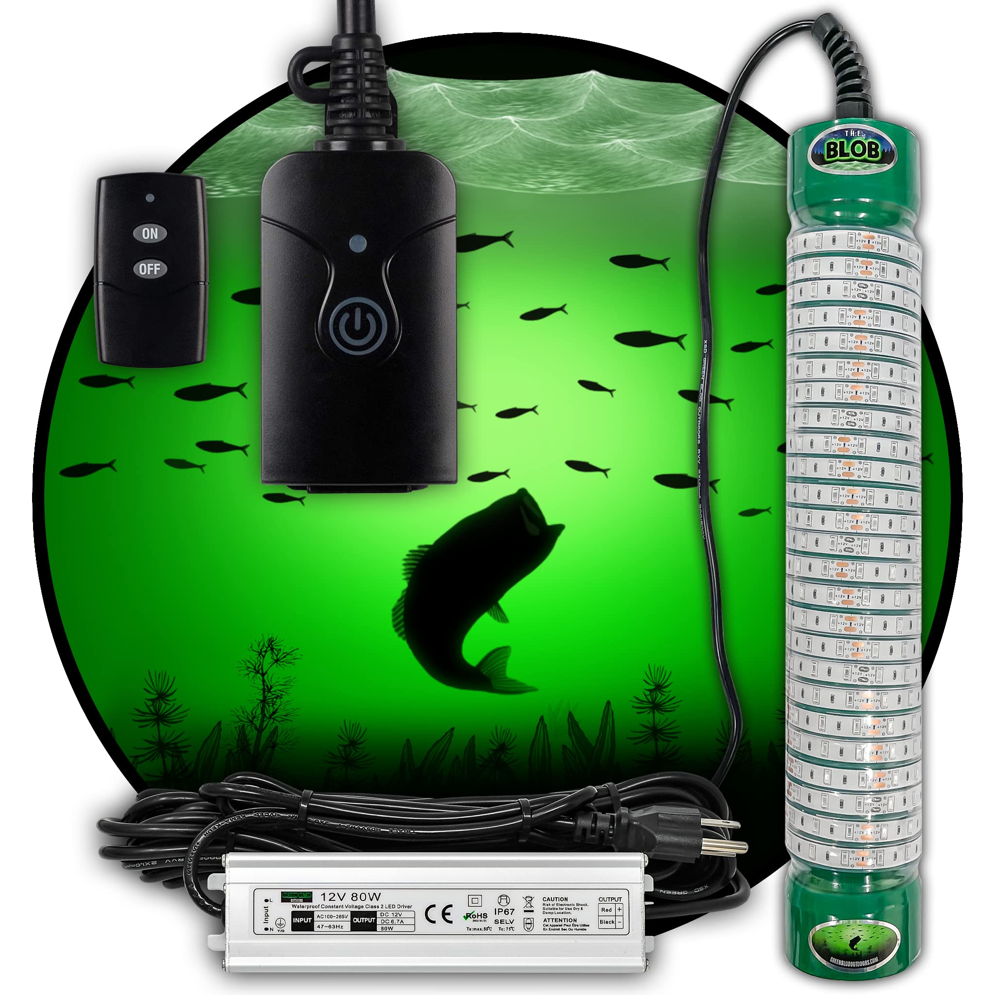 Green Blob Outdoors 110V Underwater Fishing Light with LED, Photocell Timer & Remote Control - 7500/15000/30000 Lumen Fish Attractor for Docks - Ideal for Snook and Crappie Fishing | Made in Texas | Perfect for Night Fishing and Dock Lighting