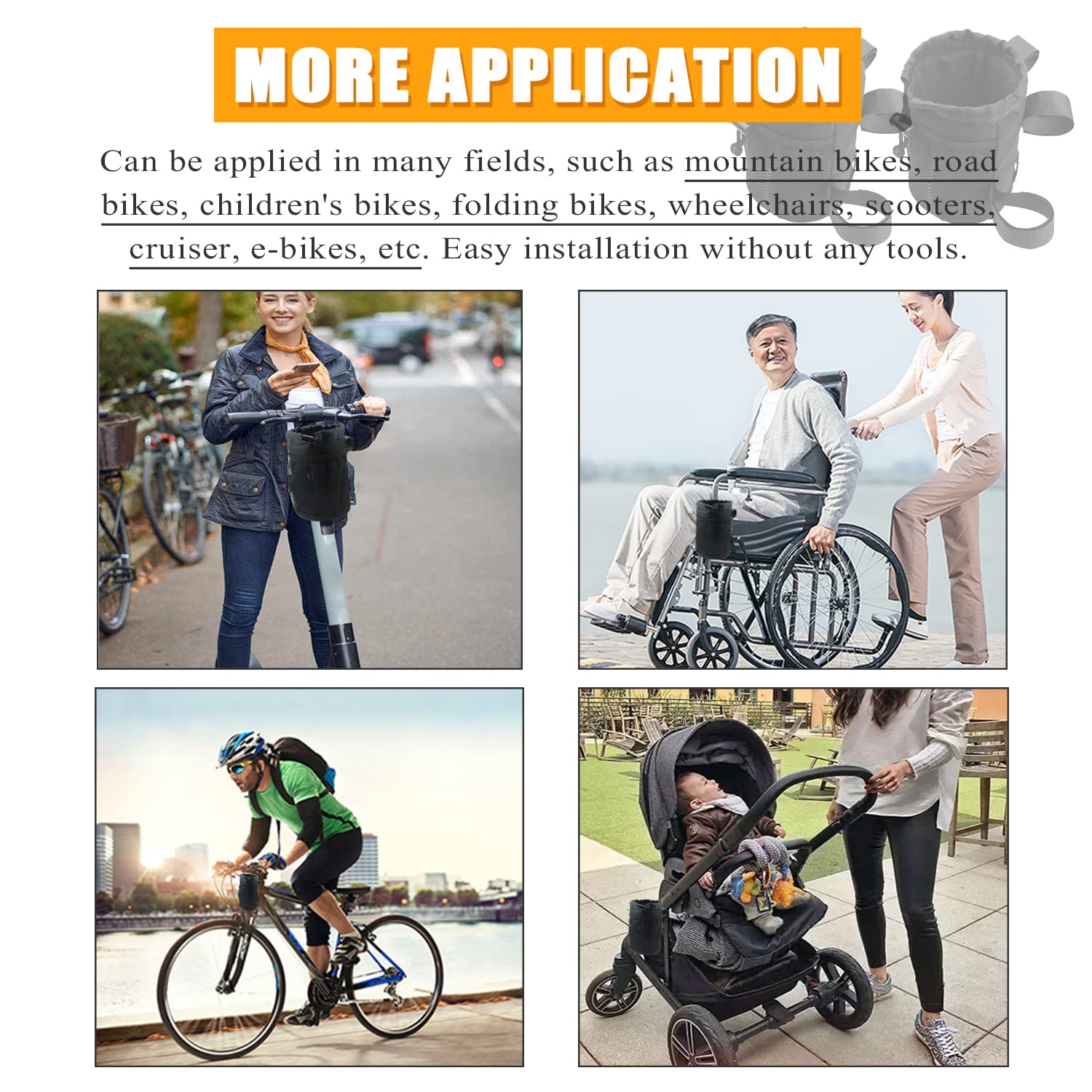 2 Pack Bike Cup Holder - Durable Bicycle Handlebar Water Bottle Holder with Mesh Oxford Pocket for Phone & Drinks - Compatible with Mountain Bikes, Road Bikes, e-Bikes, Kids Bikes, Wheelchairs & Cruisers - Perfect for Cycling, Commuting, Hiking & Outdoor Adventures