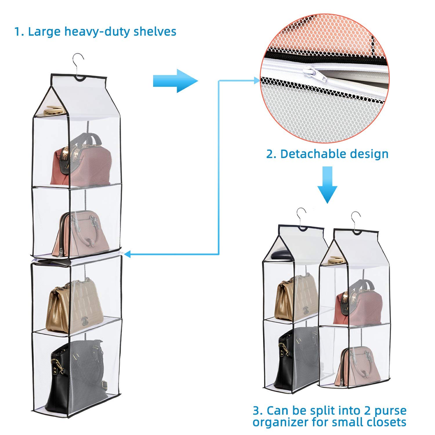 4-Tier Mesh Hanging Purse Organizer for Closet - Space-Saving Handbag Storage Bag with Durable Shelves (White, 2-Pack) - Perfect for Bedroom, Walk-in Closet & Dorm Organization