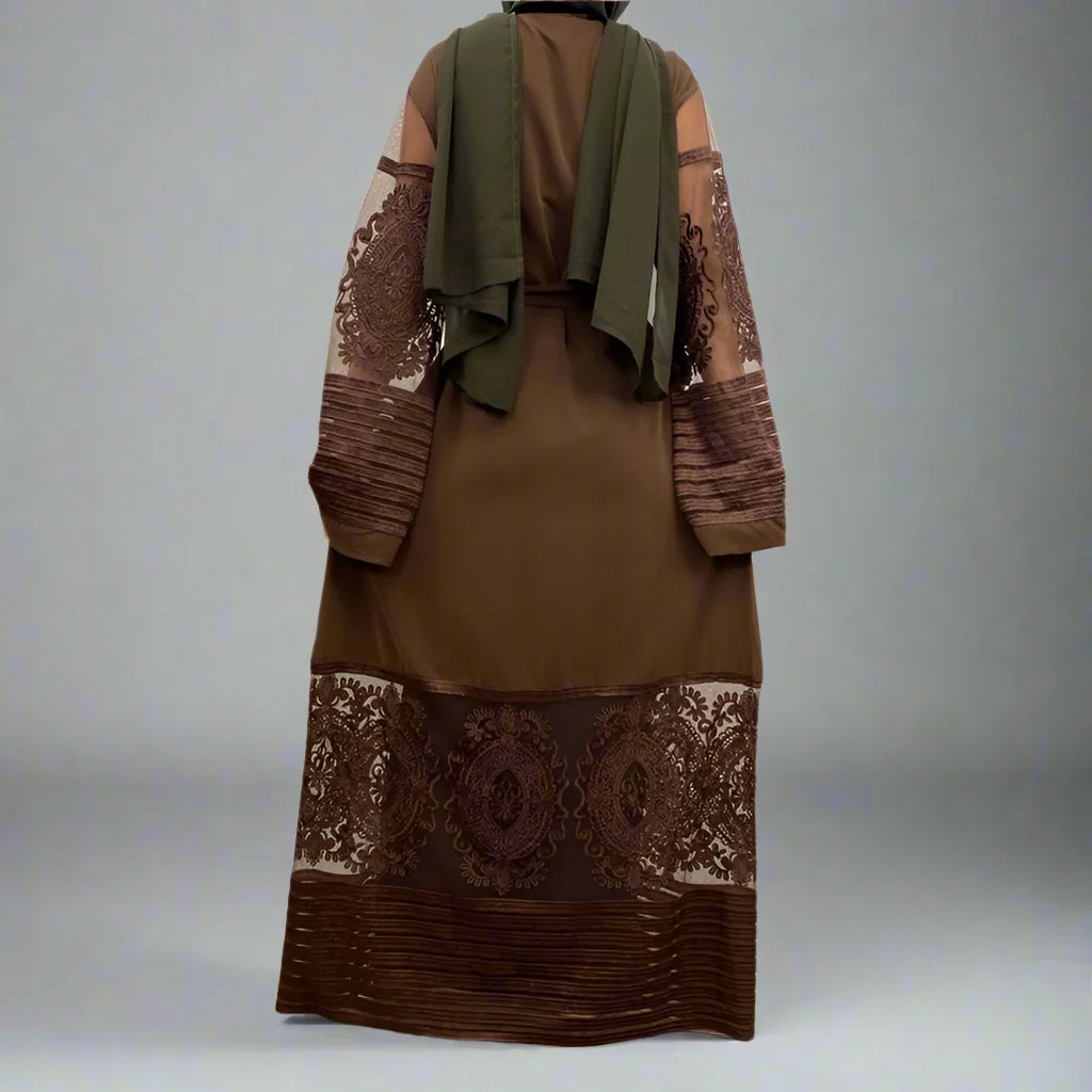 Elegant Muslim Women's Mesh Embroidery Cardigan Open Abaya Dress - Modest Islamic Fashion for Prayer, Mosque & Special Occasions
