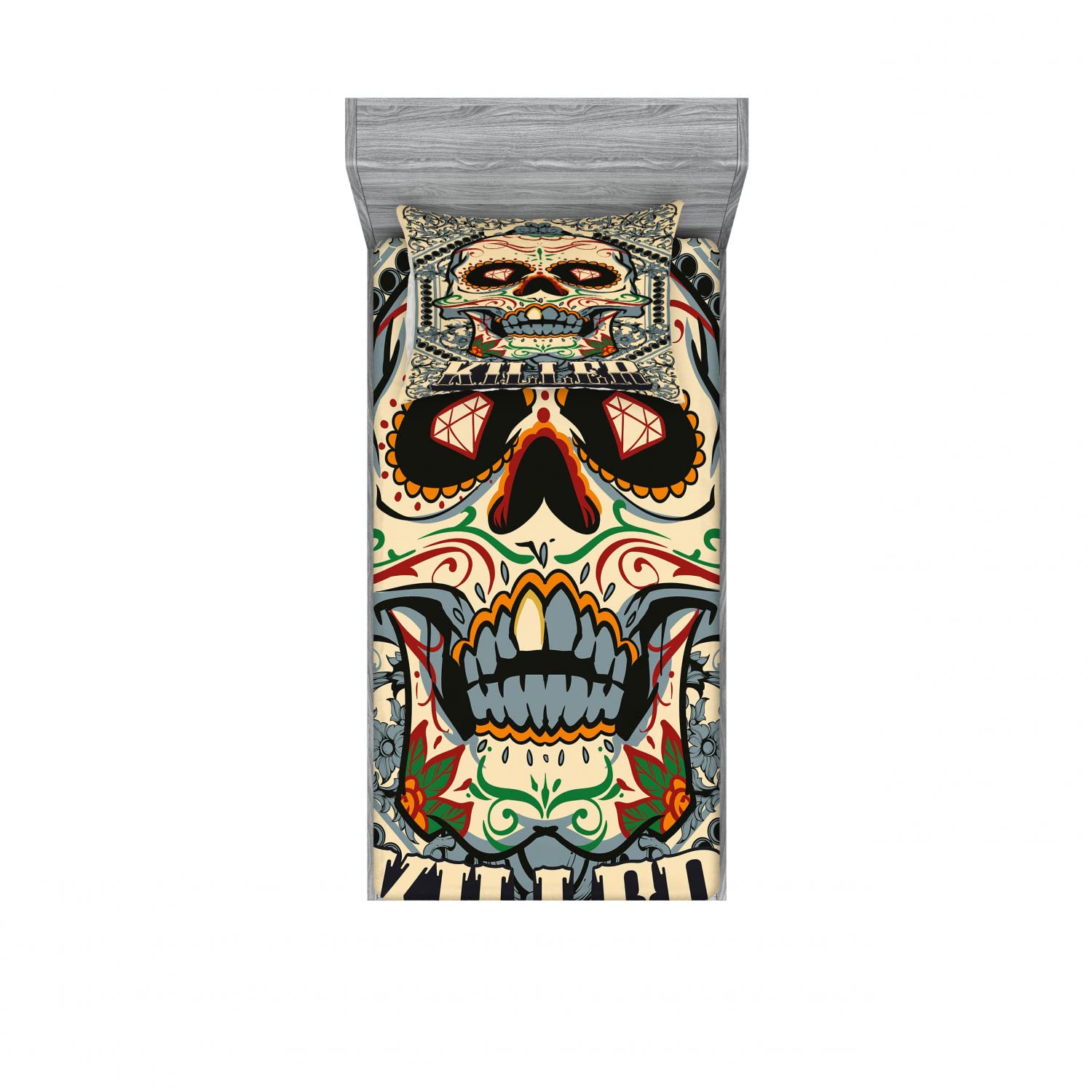 Ambesonne Sugar Skull 2-Piece Twin Fitted Sheet & 2-Piece Pillow Sham Set - Gothic Day of the Dead Design, Multicolor Bedding Decor - Perfect for Halloween, Día de Muertos Celebrations & Gothic Bedroom Themes