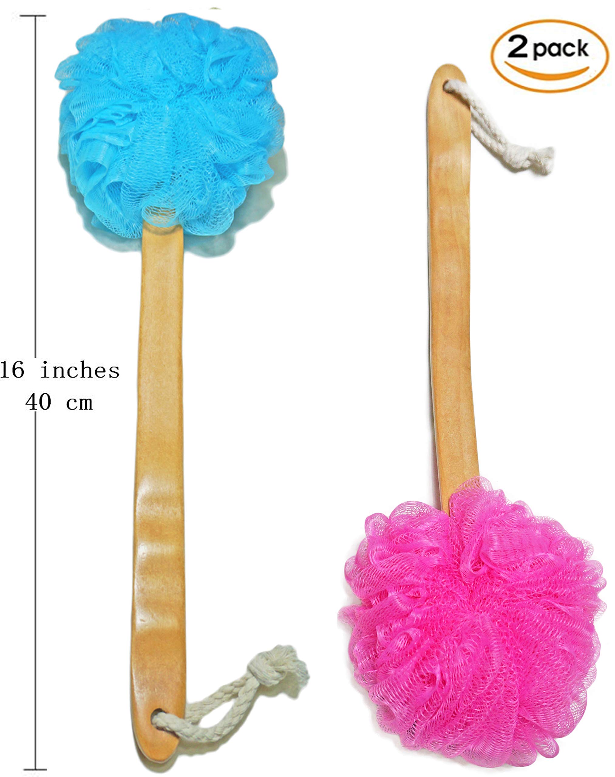 Exfoliating Loofah Bath Brush with Long Wooden Handle - Shower & Back Scrubber for Men & Women - Body Wash & Lotion Applicator (2-Pack, Blue & Red) - Perfect for Deep Cleansing & Skin Exfoliation in Bath or Shower