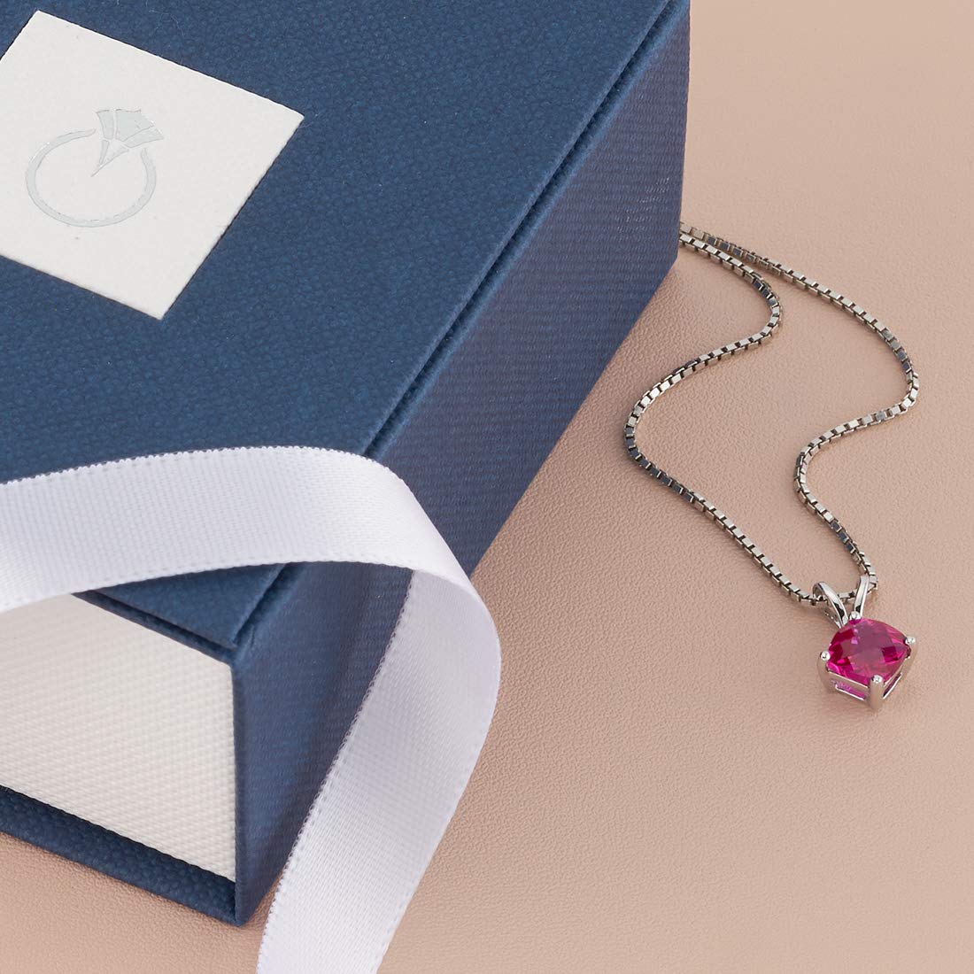 PEORA 14K White Gold Created Ruby Solitaire Pendant for Women - 6mm Cushion Cut, 1 Carat Total Weight, Elegant Valentine's Day Gift with Jewelry Box | Perfect for Anniversary, Birthday, Wedding & Special Occasions