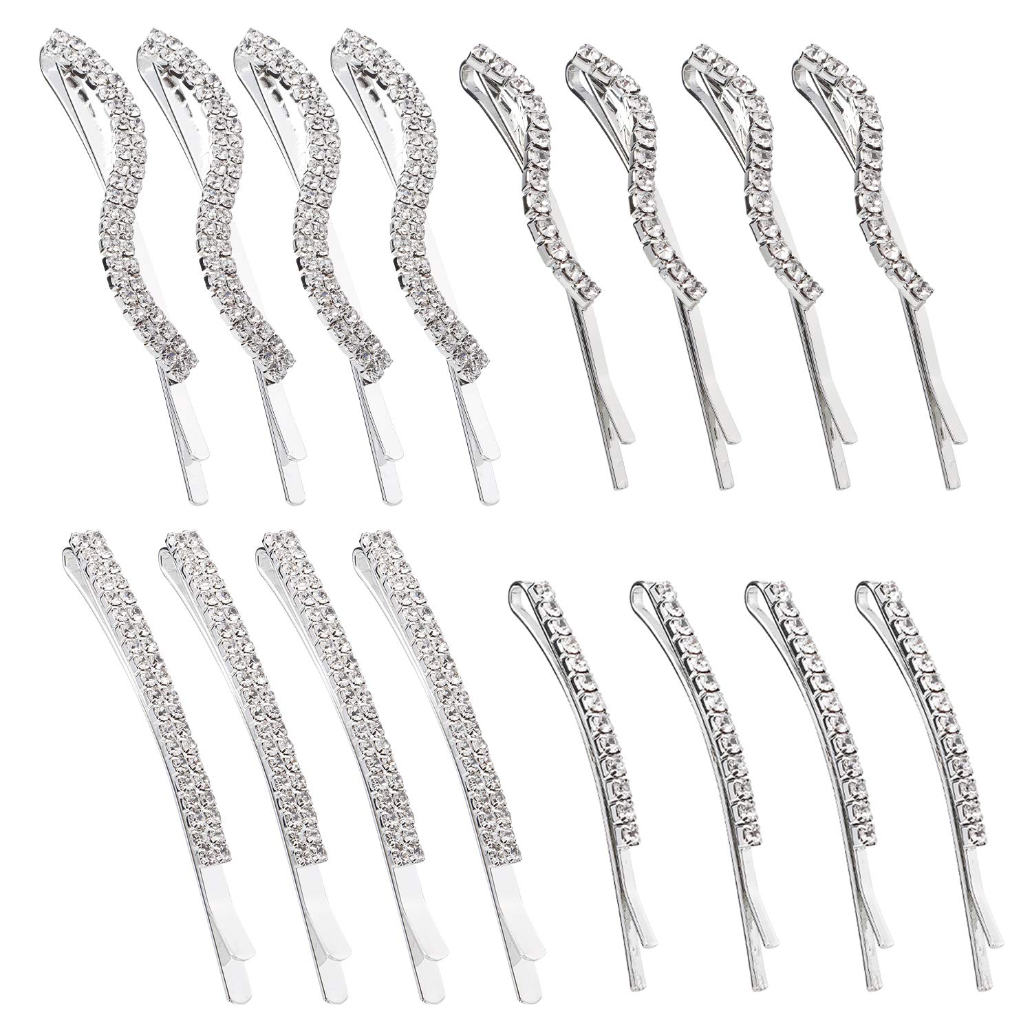 Folansy 16-Piece Clear Rhinestone Bobby Pins Set - Crystal Hair Clips for Women & Girls (4 Silver Styles) - Perfect for Weddings, Prom & Party Hairstyles