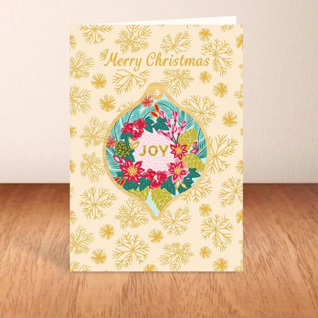 Joy Christmas Card & Wooden Bauble Set - Handmade Holiday Greeting Cards with Wood Ornaments for Xmas Tree Decorations - Perfect for Holiday Gifts, Home Decor and Christmas Party Favors