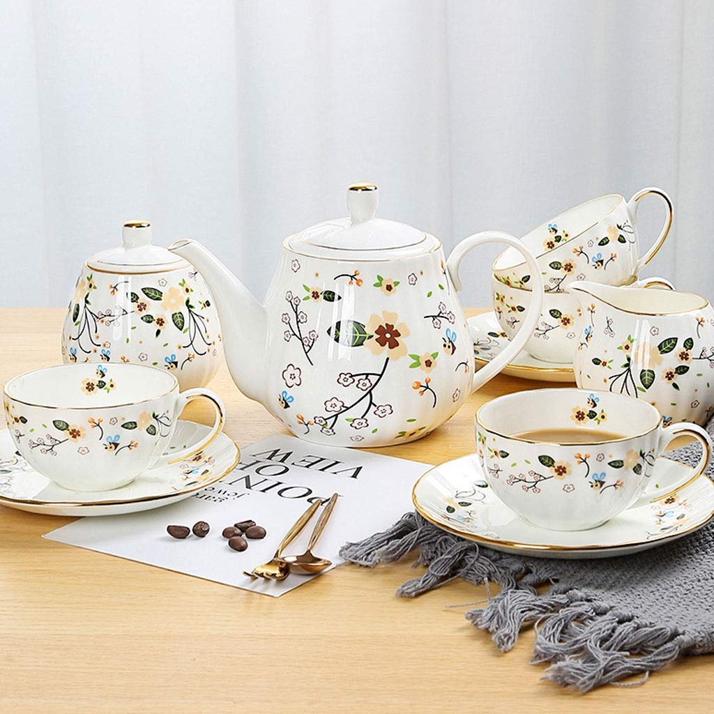 Premium Ceramic Coffee & Tea Cup Set - 6 Cups with Saucers, Coffee Pot, Sugar Bowl & Milk Jug - Elegant Phnom Penh Style for Afternoon Tea & Home Coffee Breaks - Perfect for Gifts, Parties & Daily Use