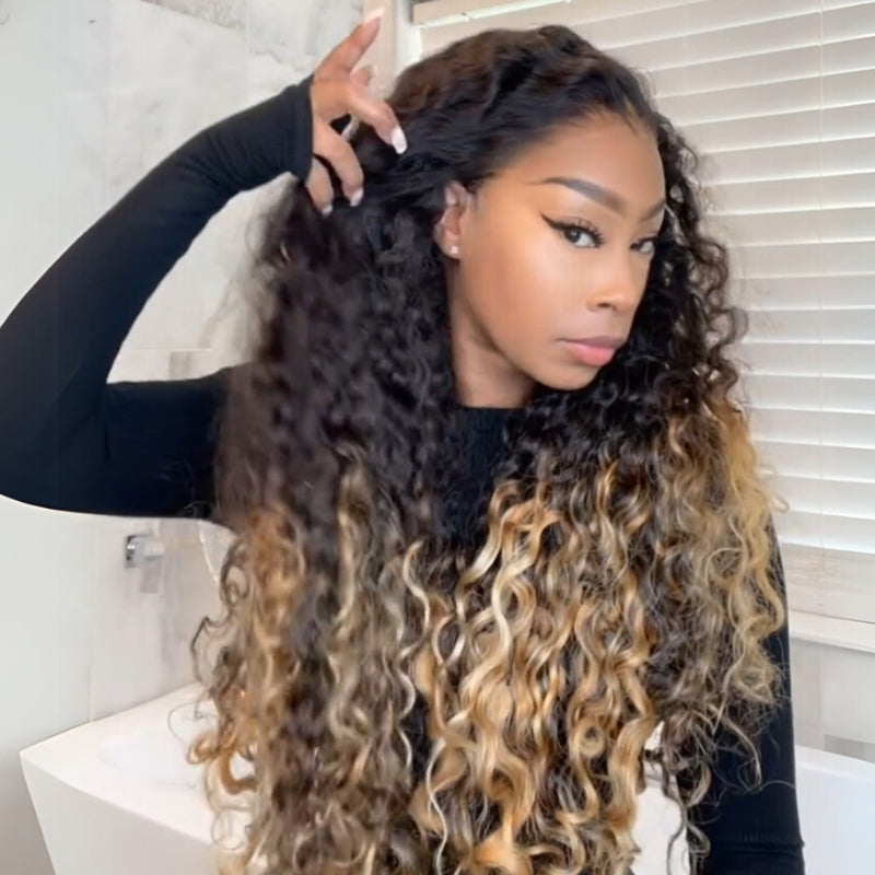 Eullair Ombre 1B Honey Blonde Water Wave Glueless Lace Frontal Wig - HD Lace Pre-Colored Two-Tone Curly Human Hair Wig - Easy Install & Low Maintenance (EW004) - Perfect for Daily Wear, Cosplay & Special Occasions