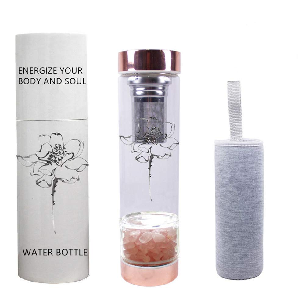 **15 oz Rose Quartz Crystal Infused Water Bottle with Tea Strainer - Chakra Healing & Wellness, Reusable Glass Bottle for Detox, Yoga, Meditation & Daily Hydration**