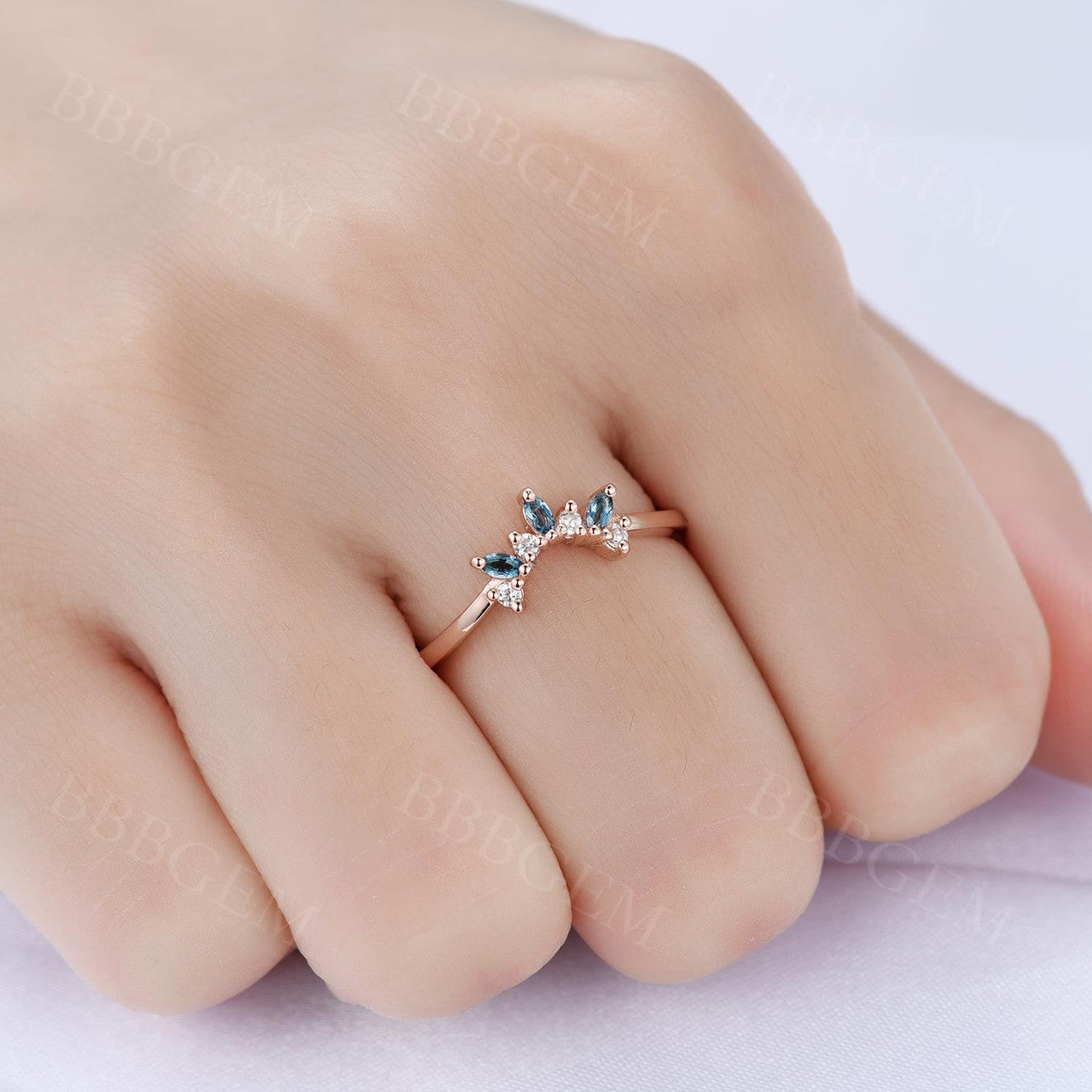 Marquise Shaped London Blue Topaz Curved Wedding Band in Rose Gold - Perfect for Engagement Rings, Anniversary Gifts & Bridal Jewelry Sets