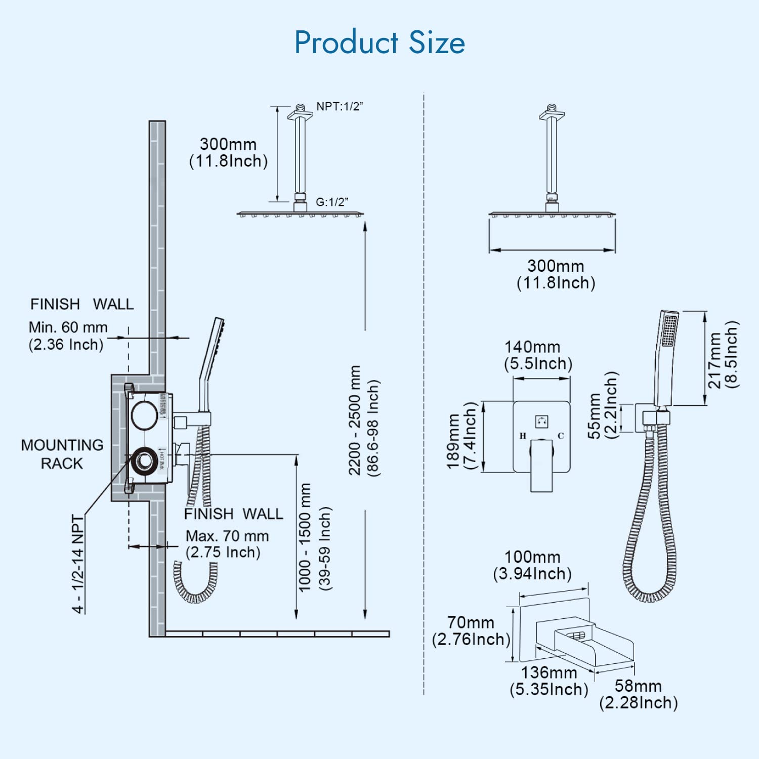 12 Inch Brushed Nickel Rainfall Shower Head with Handheld Spray & Waterfall Tub Spout - 3 Function Mixer Shower Faucet Combo Set for Bathroom Ceiling Mount | Perfect for Luxurious Spa-Like Experience and Modern Home Renovation