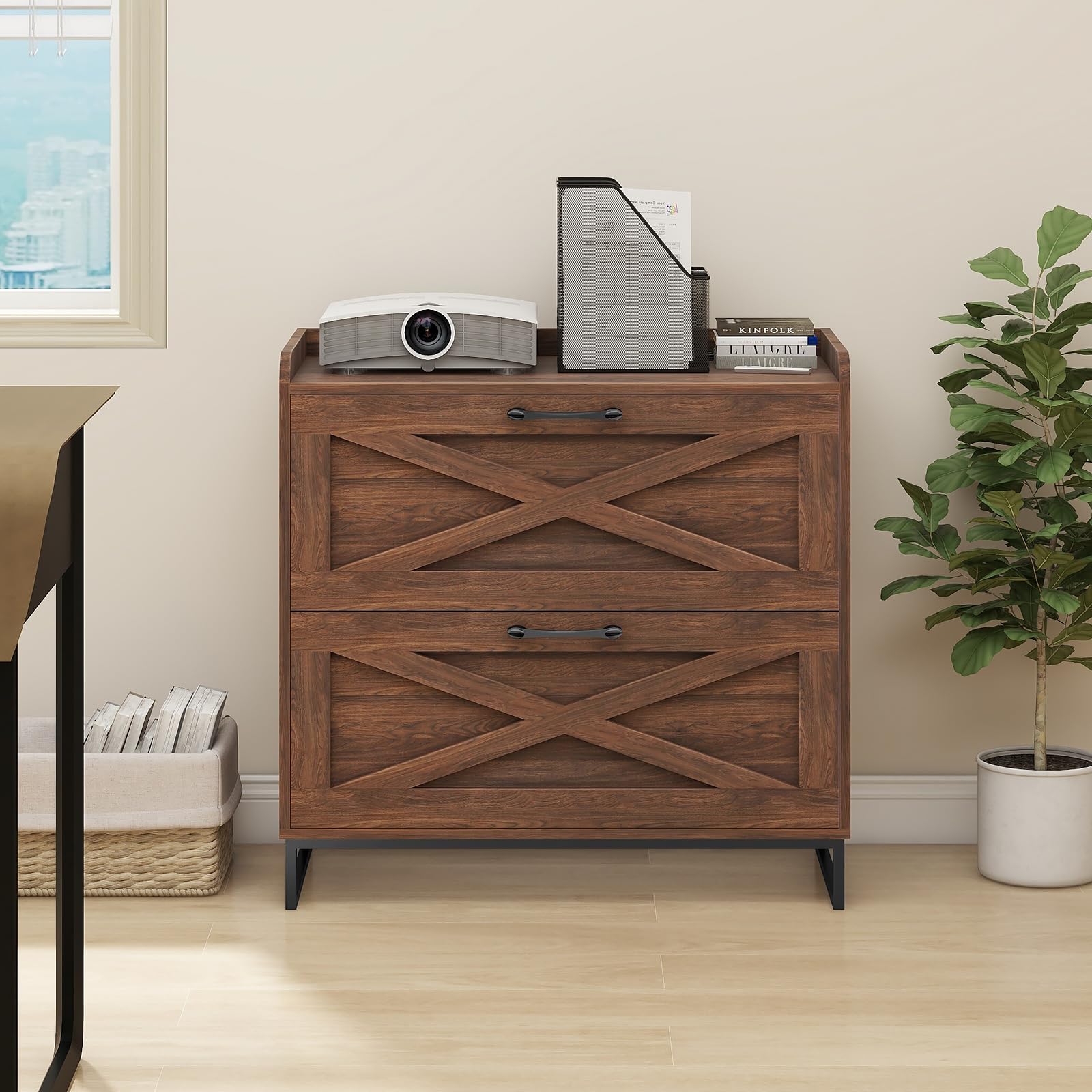 2-Drawer Lateral File Cabinet with Charging Station - Letter/Legal/A4 Size Hanging Files - Wood Office Storage Cabinet & Printer Stand - Dark Walnut - Perfect for Home Office Organization & Workspace Efficiency