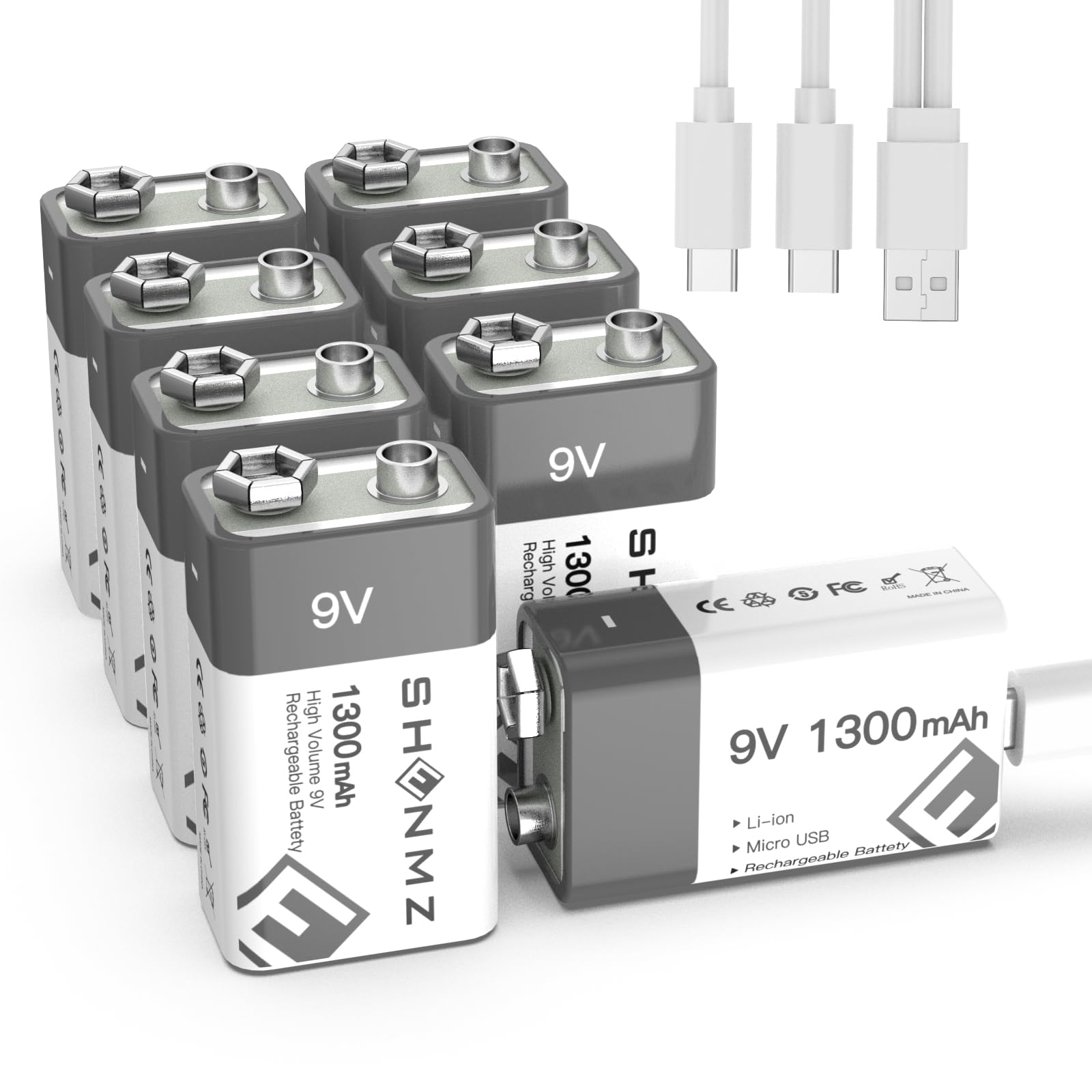 9V Rechargeable Lithium-ion Batteries 8 Pack - 1300mAh High Capacity, 2-in-1 USB-C Fast Charging for Smoke Detectors, Alarms, Microphones & More | Long Lasting Power for Home Security, Music Equipment & Electronic Devices