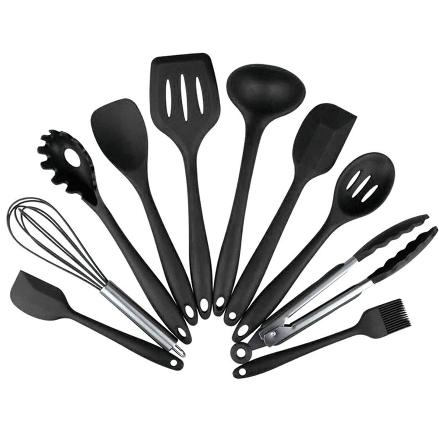 10-Piece Silicone Cooking Utensil Set with Stainless Steel Handles - Nonstick Kitchen Tools for Chef & Home Cooking - Perfect for Baking, Frying & Everyday Meal Prep (Black)