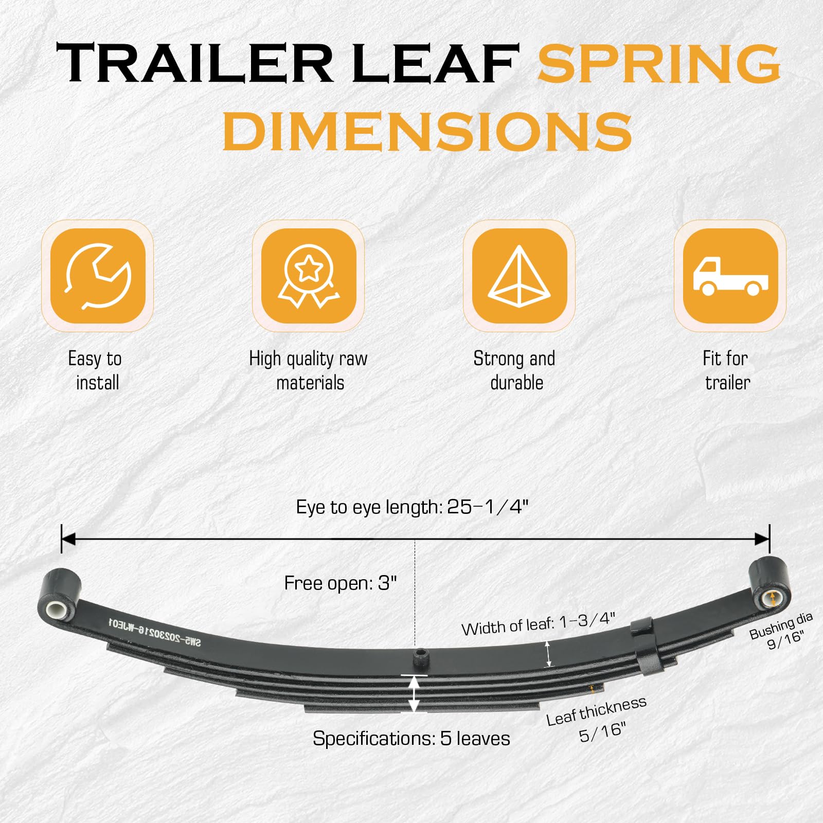 Heavy Duty 5-Leaf Double Eye Trailer Leaf Spring - 3000 lbs Capacity per Spring, 6000 lbs Axle Suspension - 25-1/4