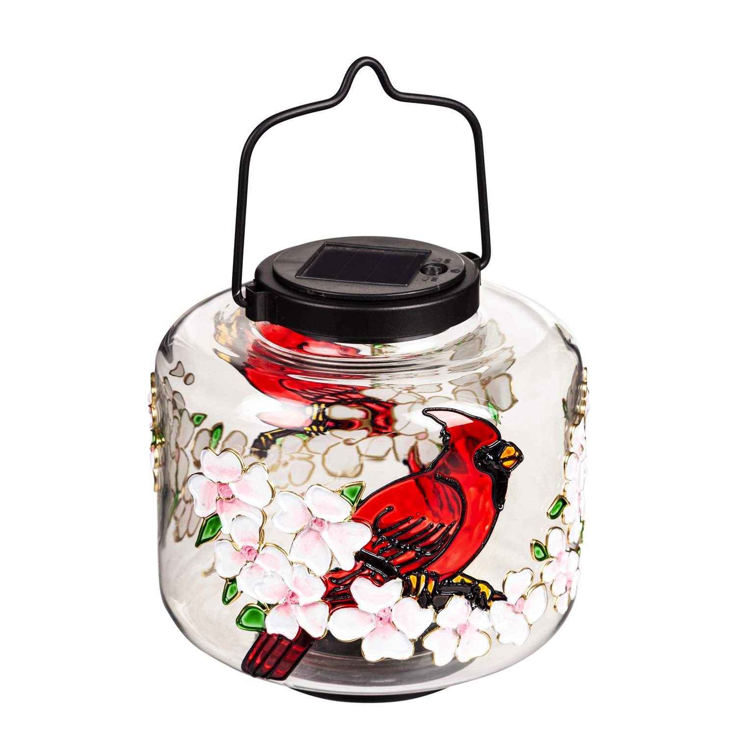 Evergreen Garden Solar Glass Lantern with Cardinal Dogwood Art - Outdoor Solar Powered Decorative Light for Patio, Yard, and Garden Decor