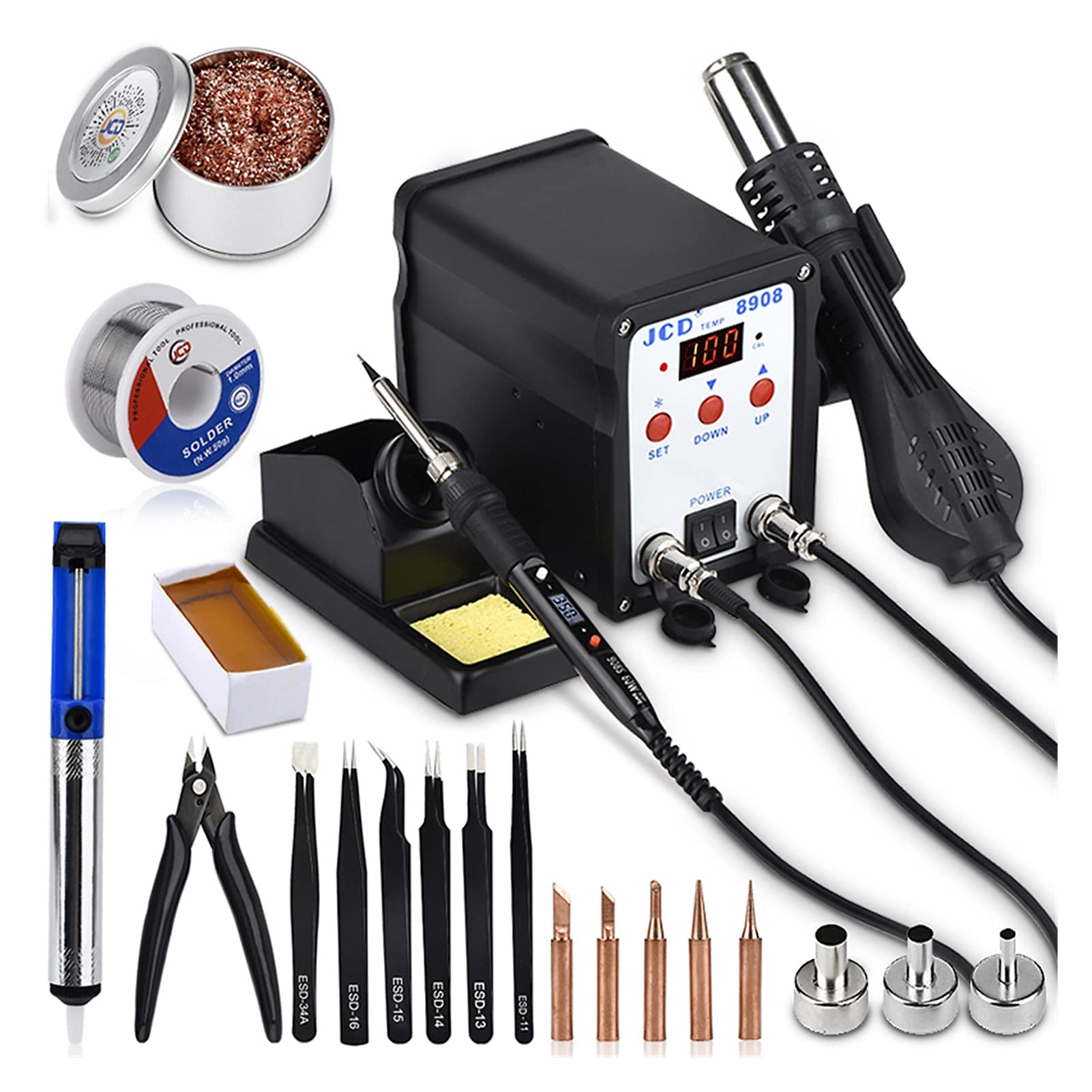 JCD 2-in-1 750W Digital Soldering Station with Hot Air Rework for SMD BGA LCD Repair - Silver | Professional Welding Tools for Electronics & Circuit Board Maintenance | Perfect for DIY Projects, Phone Repair, and Home Workshop Use