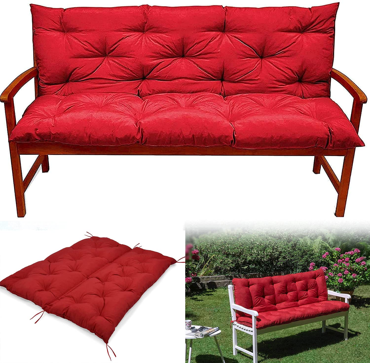 **Outdoor Swing Replacement Cushion – 3-Seat Soft Garden Bench Cushion with Backrest & Ties, Non-Slip Waterproof Patio Chair Pads (Red, 40x59 Inch) – Perfect for Porch, Deck, and Backyard Relaxation**