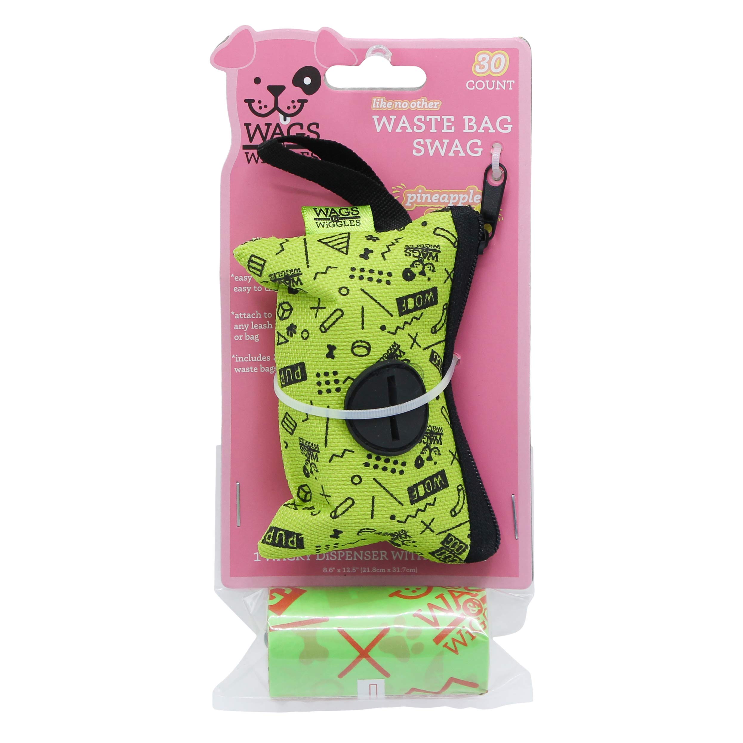 Wags & Wiggles Dog Waste Bag Dispenser with 30 Pineapple Scented Poop Bags | Leak-Proof & Durable Doggie Waste Bags | Compact & Adorable Dispenser for Walking, Hiking & Park Outings