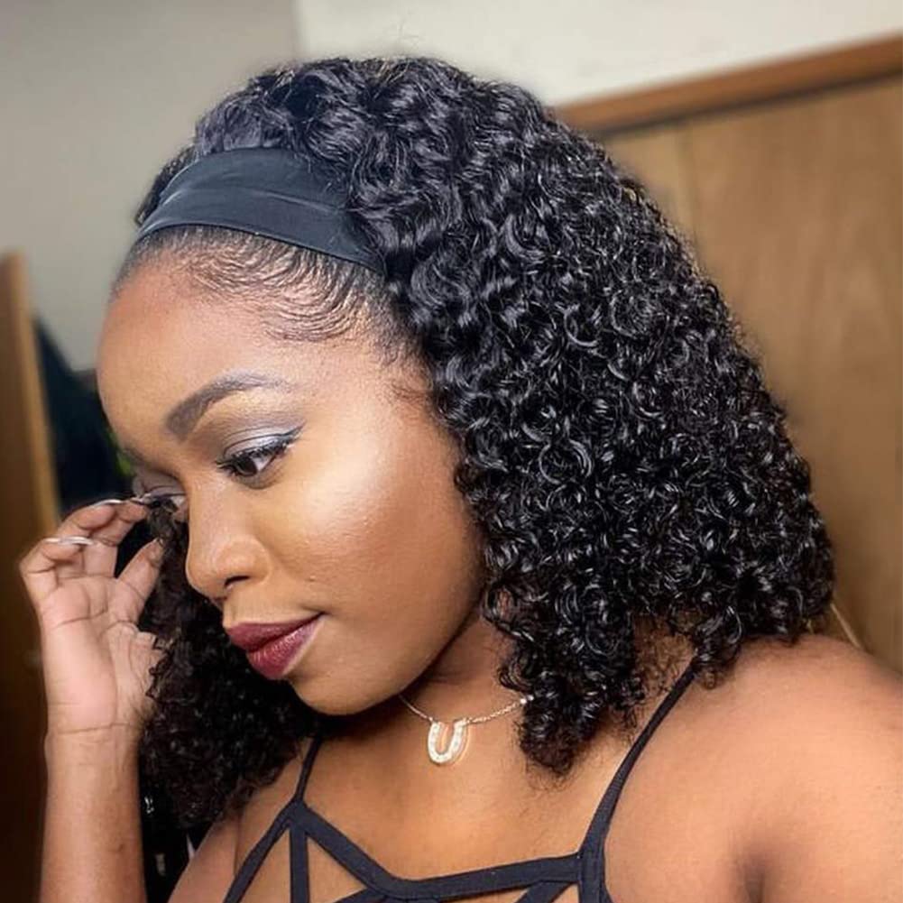 Kinky Curly Human Hair Headband Wigs for Women - 180% Density Natural Color No Lace Front - 10 Inch Afro Textured Wig for Everyday Wear & Protective Styling