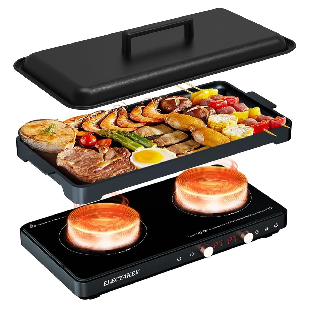 2 Burner Induction Cooktop with Removable Cast Iron Griddle - Portable Double Electric Stove with Digital Timer & Temperature Control - Perfect for Home Kitchen, Camping & Outdoor Cooking (Black)