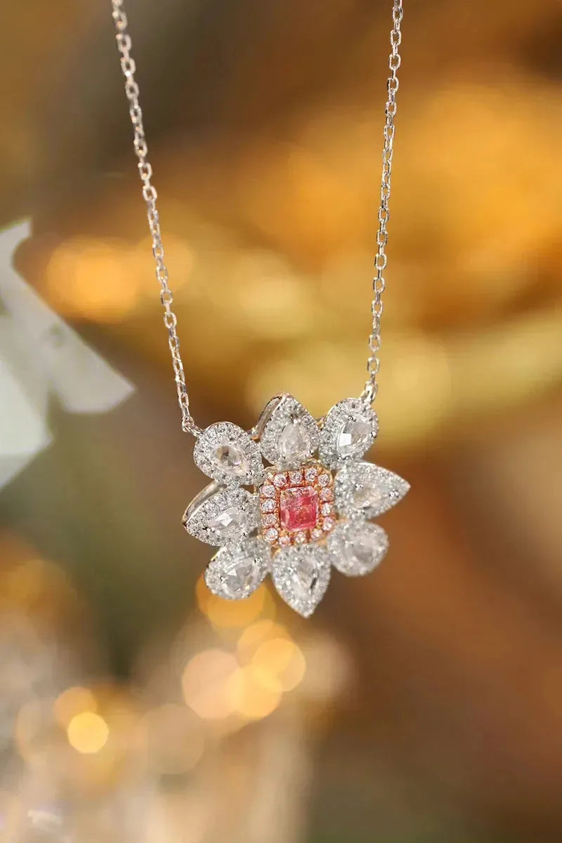 18K White Gold Floral Necklace with Real Pink Diamond & Aquamarine - Elegant Women's Jewelry for Parties, Weddings & Special Occasions
