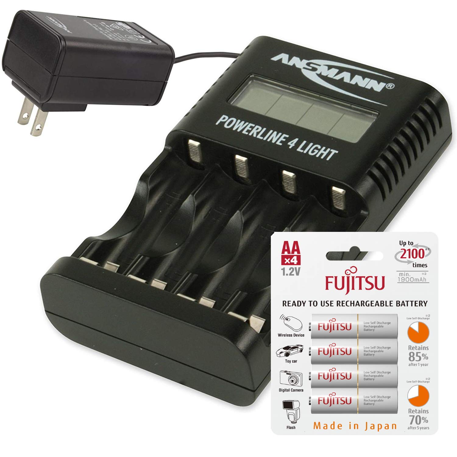 Ansmann 1001-0011-US-590-10 Smart Battery Charger for AA/AAA - 4 Bay LCD Display with USB Port - Includes 4 Fujitsu AA Batteries - Perfect for Cameras, Toys & Household Electronics