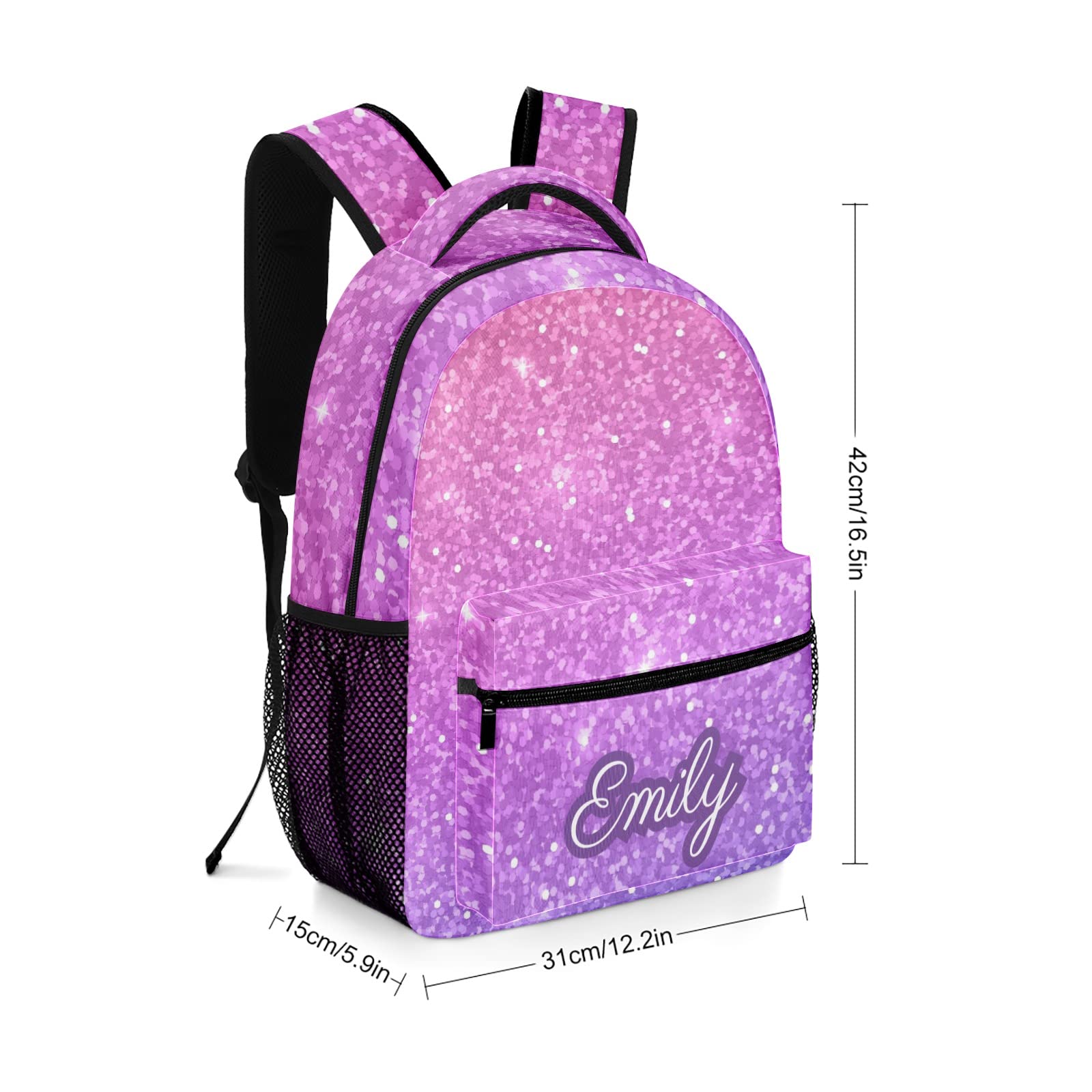 Custom Personalized Kids Backpack 16.5 Inch - Pink Violet Glitter Waterproof School Travel Bag for Boys & Girls (16.5