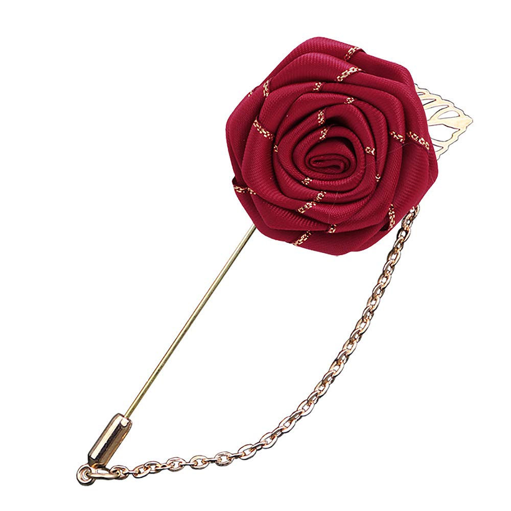 Handmade Gold Leaf Rose Flower Brooch for Men - Red & Blue Floral Lapel Pin for Suits, Weddings & Formal Events - Elegant Boutonniere for Grooms, Prom & Business Attire