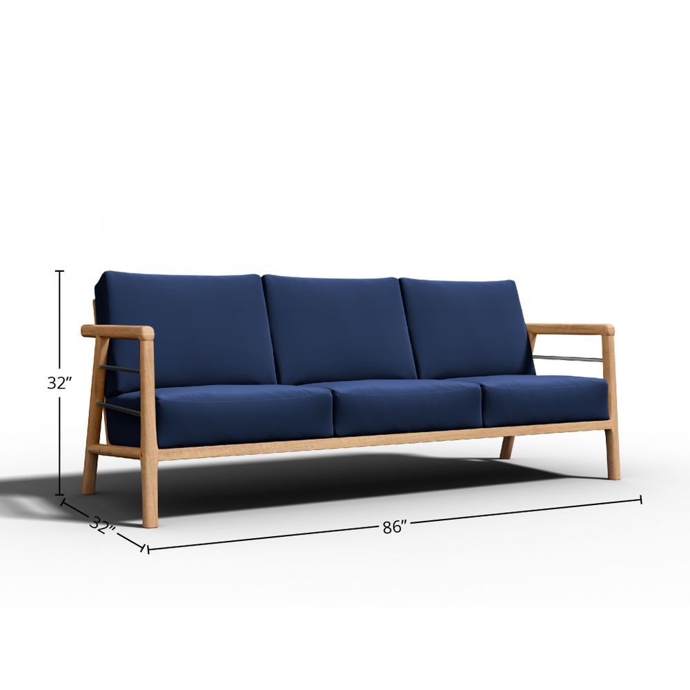 Premium Daniele 3-Person Teak Outdoor Sofa with Sunbrella Navy Cushion - Waterproof & Durable Patio Furniture for Backyard, Poolside, and Garden Relaxation