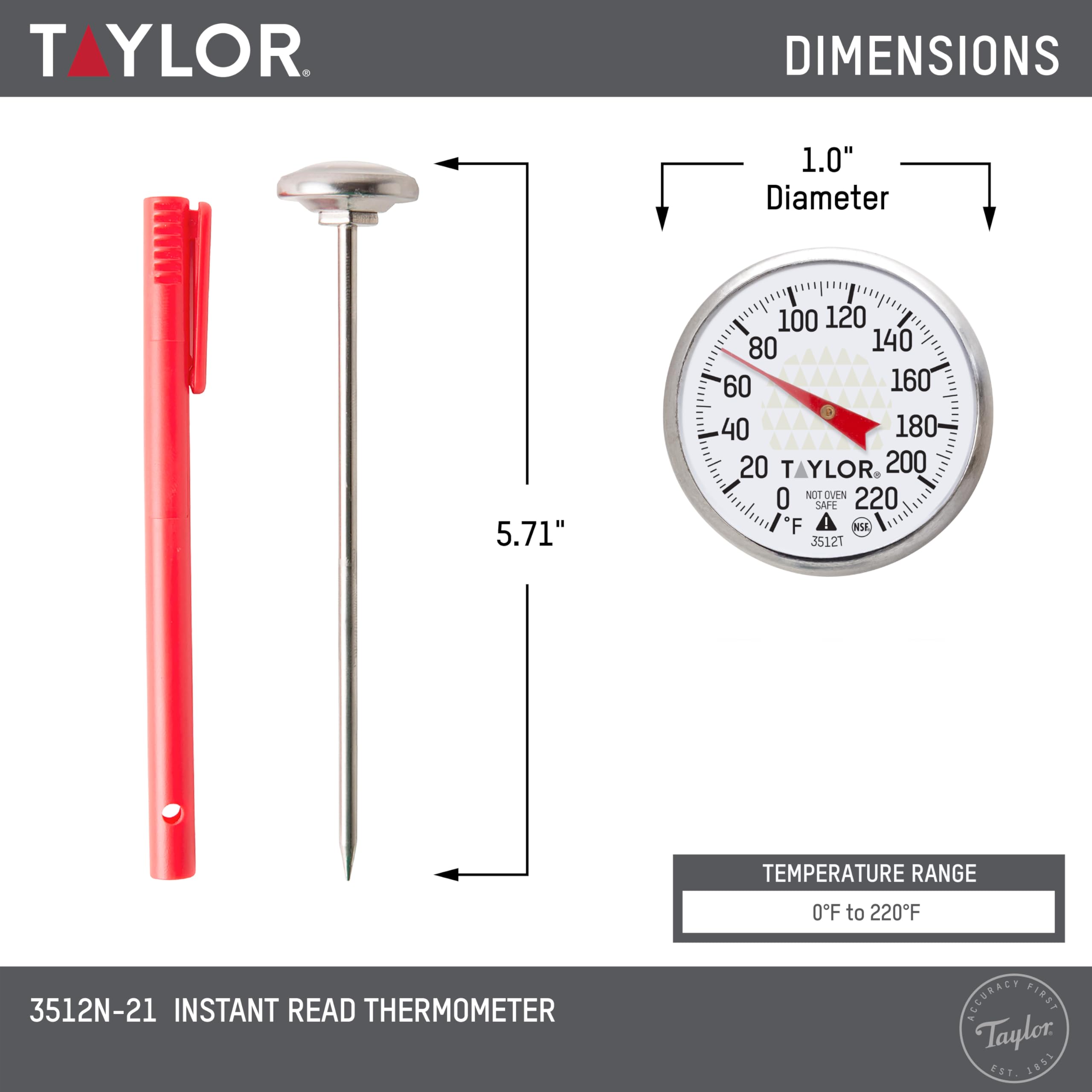 Taylor Instant Read Analog Meat Thermometer for Grilling, BBQ & Cooking - 1 Inch Dial with Red Pocket Sleeve Clip | Perfect for Steak, Chicken, Turkey & Kitchen Use