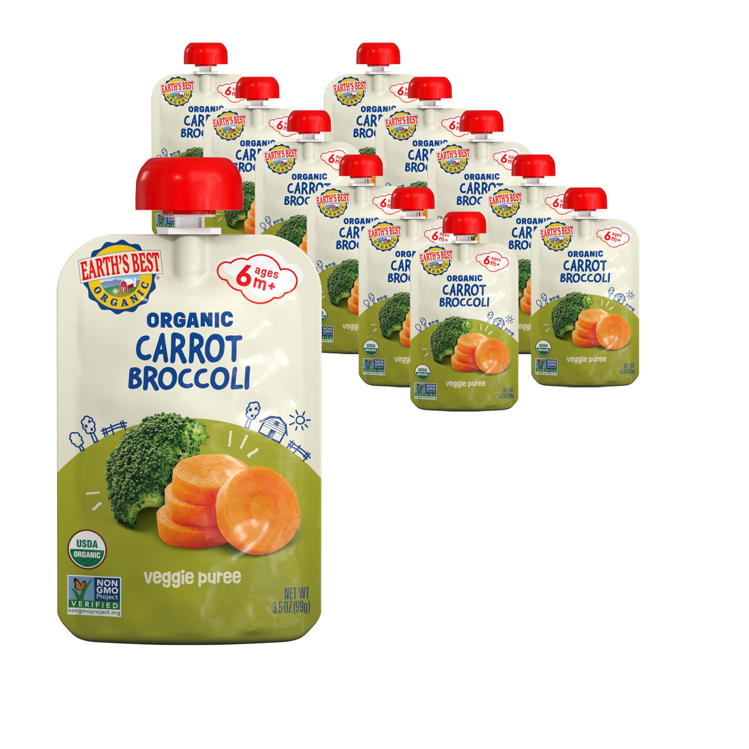 Earth's Best Organic Baby Food Pouches - Carrot & Broccoli Puree for Infants 6+ Months | USDA Certified, BPA-Free, Resealable 3.5oz Pouch (Pack of 12) | Ideal for On-the-Go Feeding, Daycare & Travel Snacks
