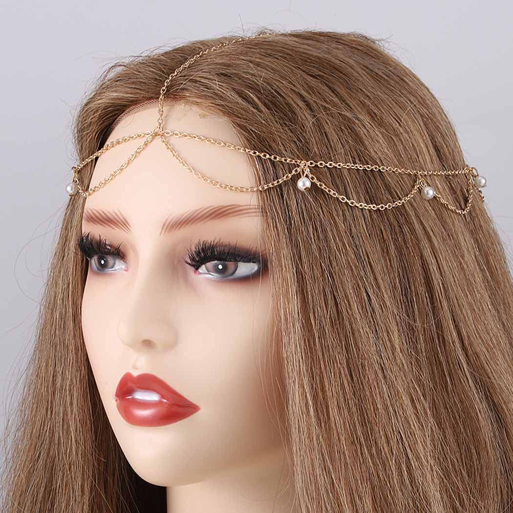 Gold Pearl Head Chain Jewelry - Boho Festival Hair Accessories for Women & Girls - Perfect for Music Festivals, Weddings & Bohemian Style Outfits