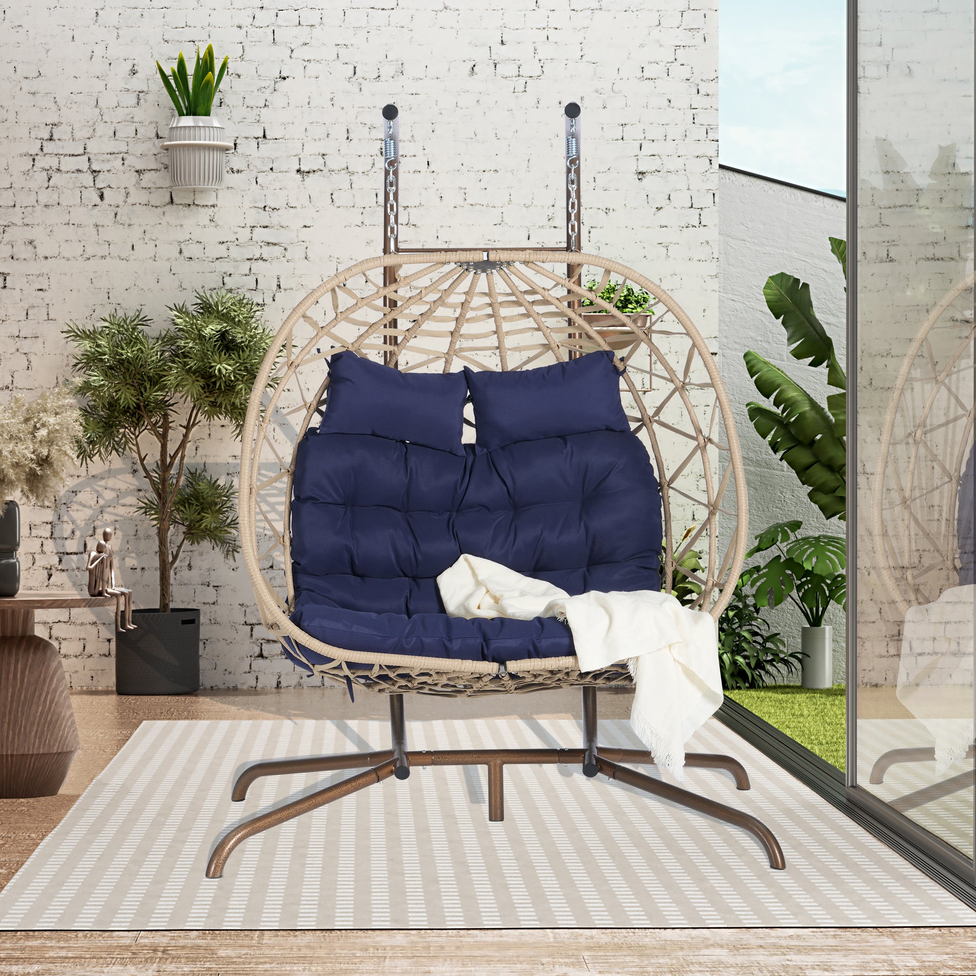 Double Egg Chair with Stand - Indoor/Outdoor Wicker Rattan Hanging Swing Chair with UV-Resistant Cushions (600 lbs Capacity) - Perfect for Bedroom, Balcony, Patio & Garden Relaxation