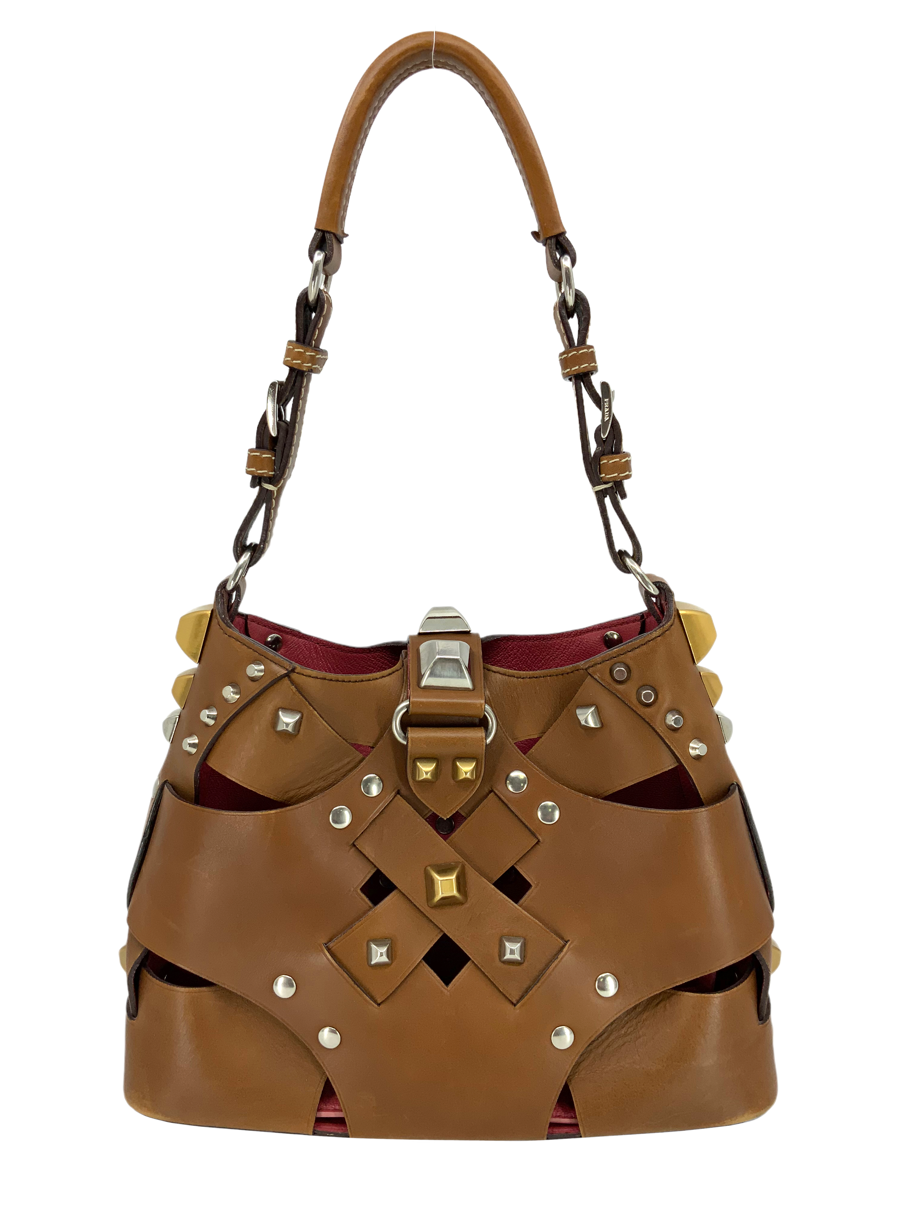 Prada Leather Woven Studded Lattice Shoulder Bag for Women | Luxury Designer Crossbody Purse | Perfect for Work, Party & Evening Events