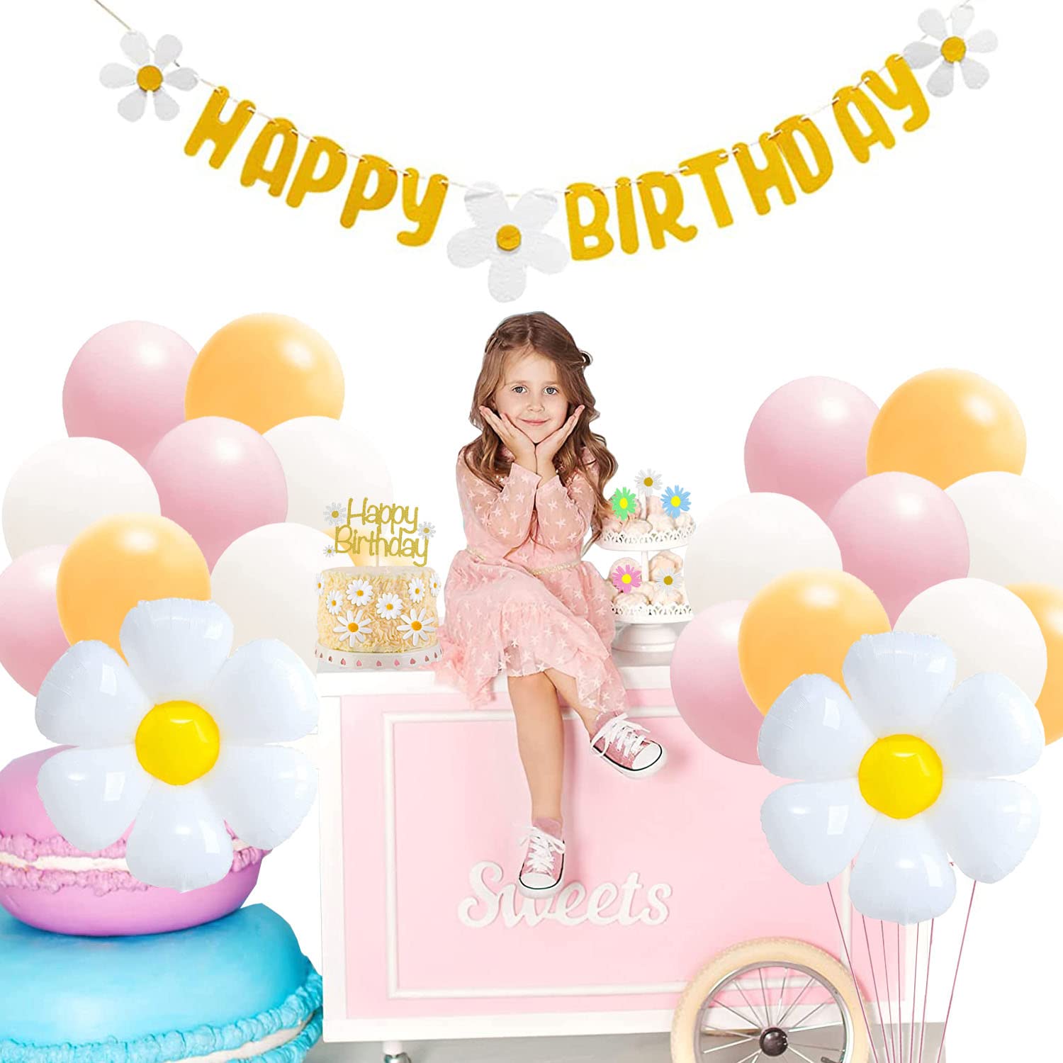 Daisy Flower Birthday Party Decorations Set - Happy Birthday Banner, Cake Topper & Large Balloons for Boho Hippie Themed Party | Perfect for Girls' Birthday, Baby Shower & Spring Celebrations
