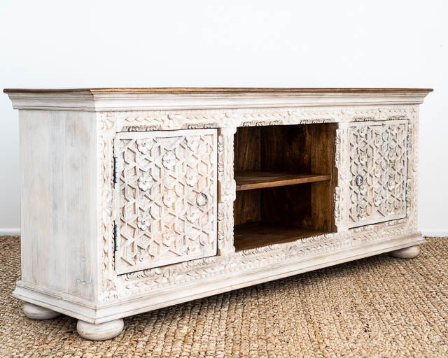 Hand Carved Floral Design Wooden TV Stand - Rustic Media Console Table with Storage Shelf for Living Room, Bedroom & Home Decor